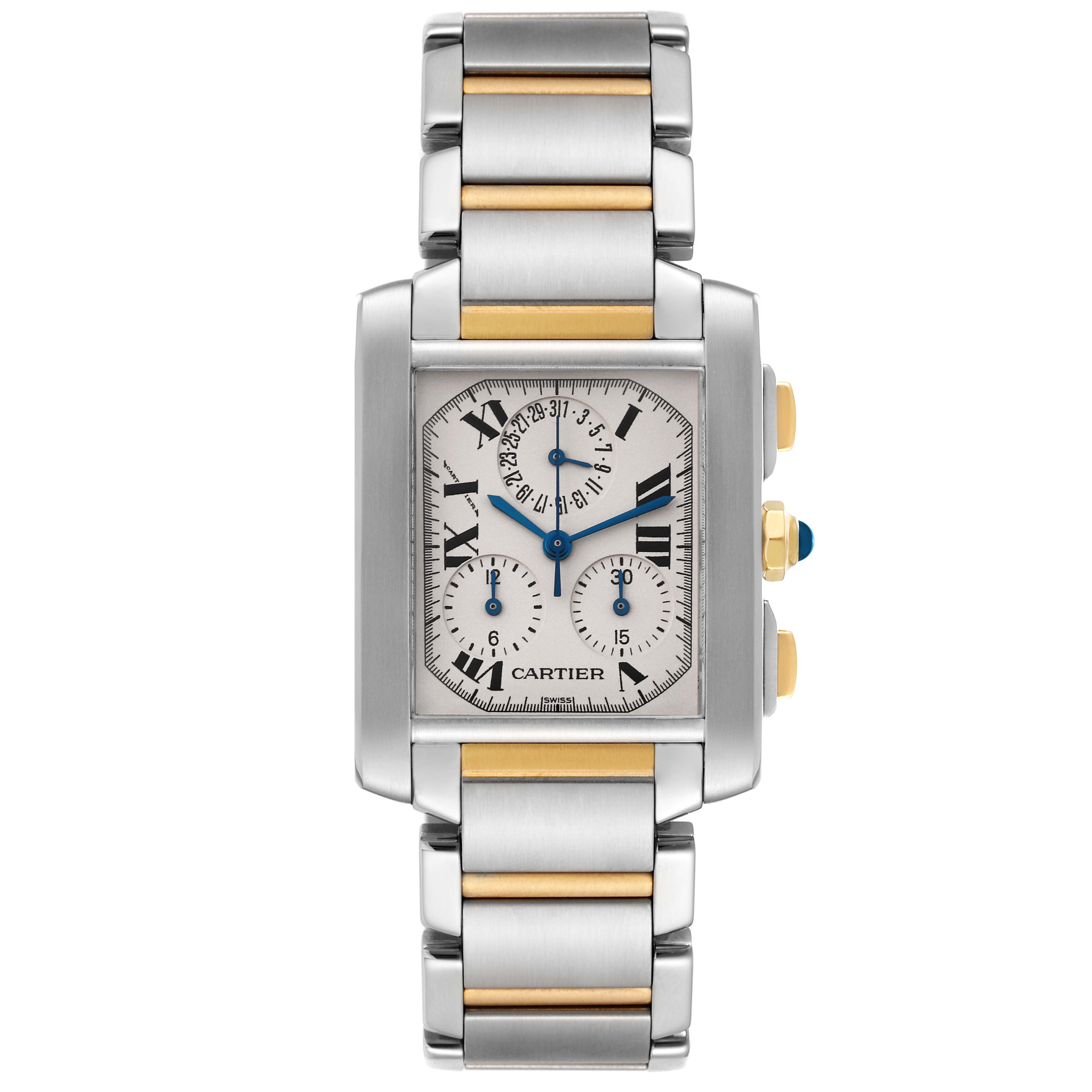 This is a frontal view of the Cartier Tank Française watch, showing the face, bezel, and two-tone stainless steel and gold bracelet.