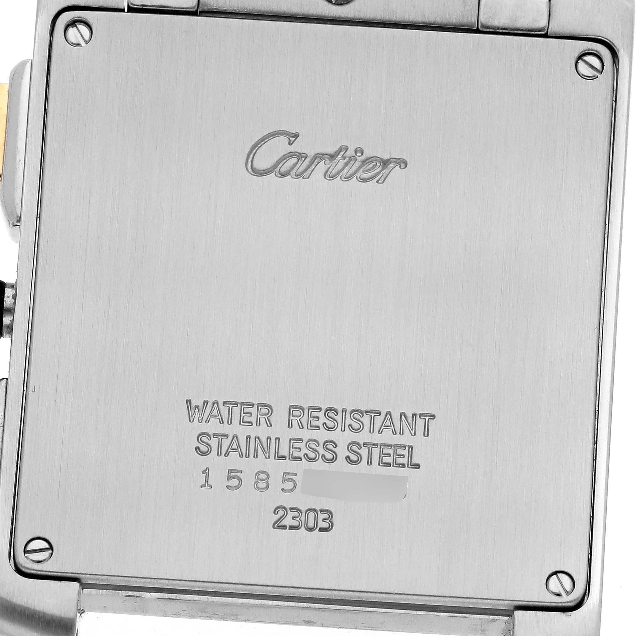 This image displays the back of the Tank Francaise watch by Cartier, highlighting its water resistance and stainless steel material.