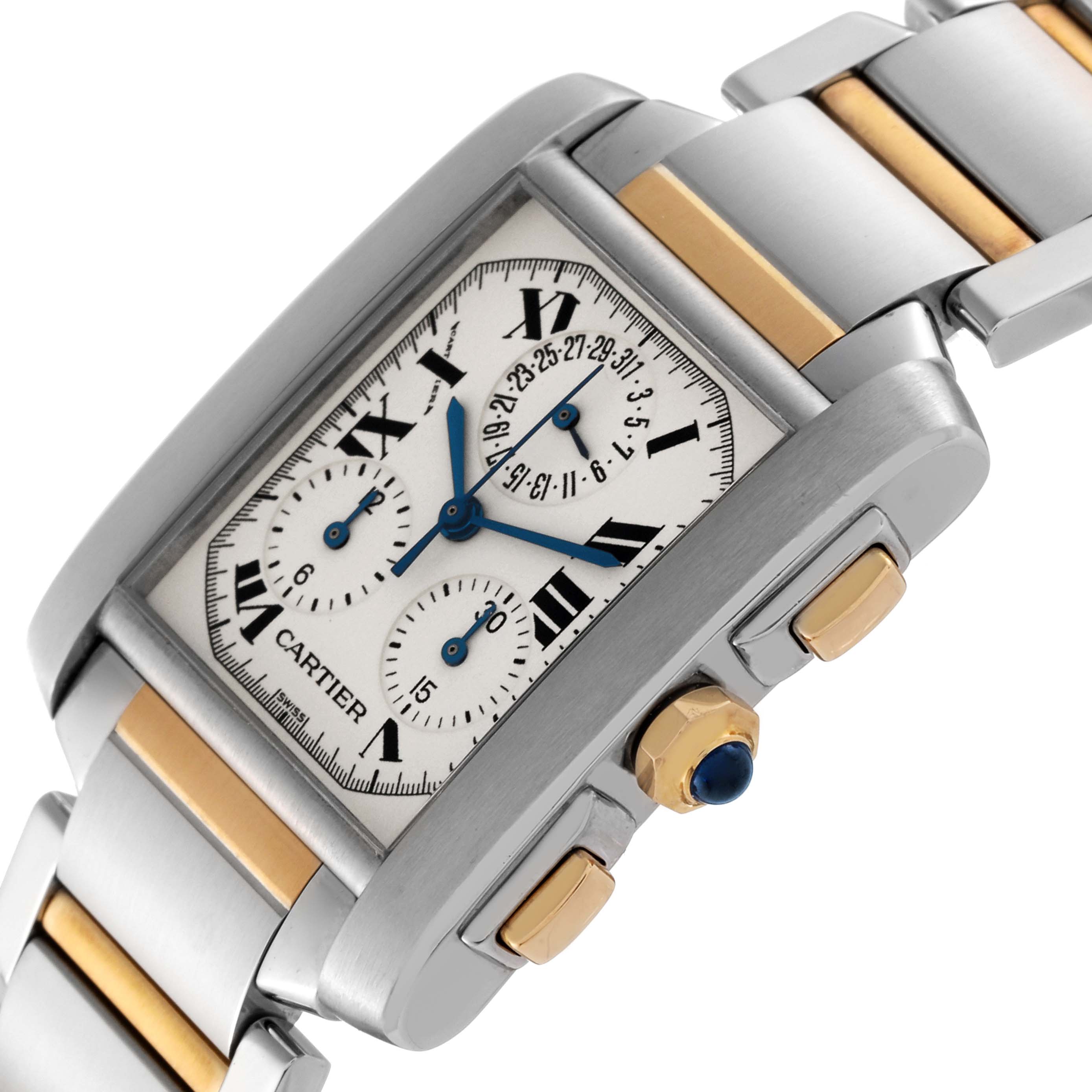 The image shows a close-up angle of a Cartier Tank Francaise W51004Q4 Men
s Steel and Gold (two tone) Silver Dial W51004Q4 Men
s Steel and Gold (two tone) Silver Dial watch, focusing on the face, crown, and part of the bracelet.