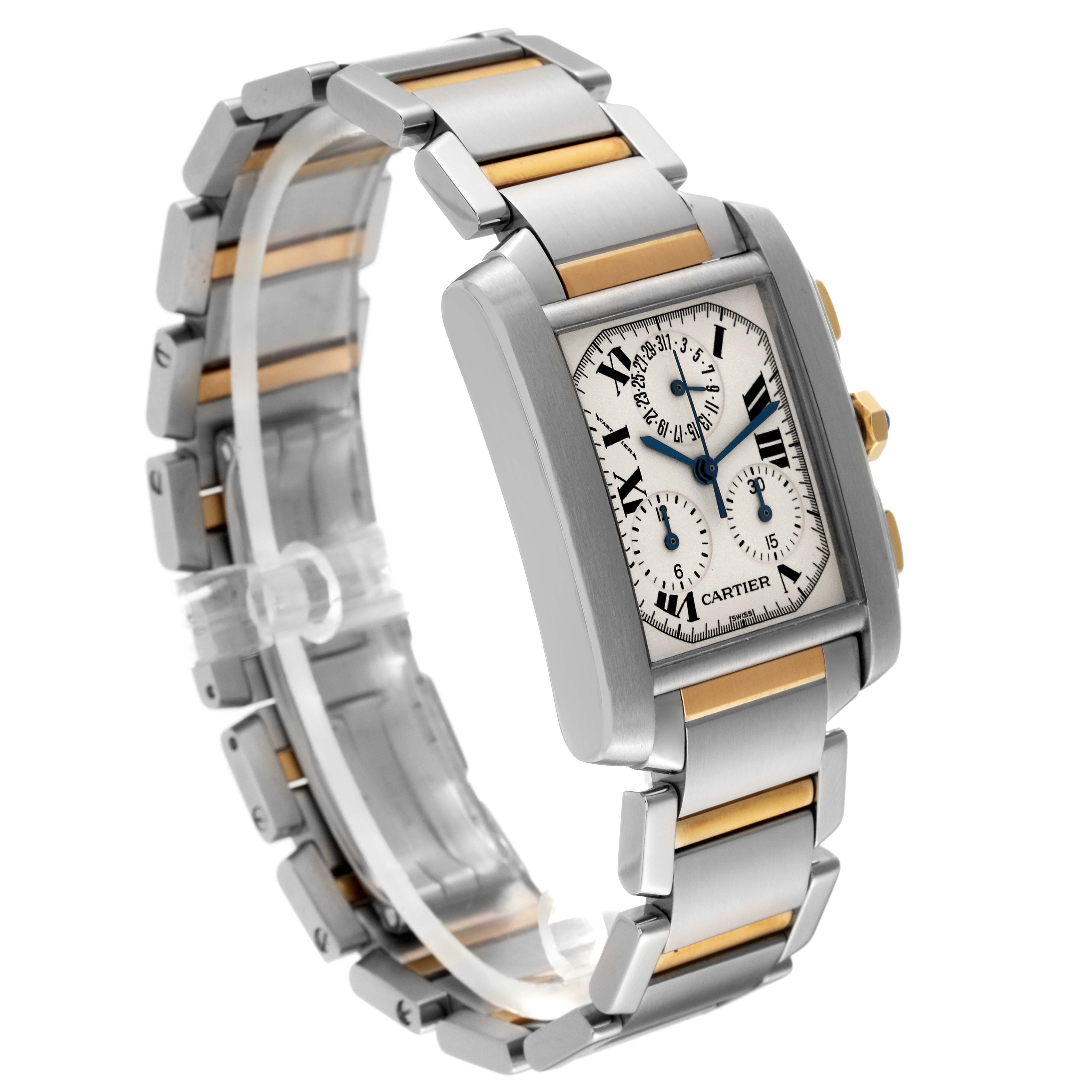 The Cartier Tank Francaise W51004Q4 Men
s Steel and Gold (two tone) Silver Dial W51004Q4 Men
s Steel and Gold (two tone) Silver Dial watch is shown at a three-quarter angle, highlighting its stainless steel and gold bracelet and rectangular face.