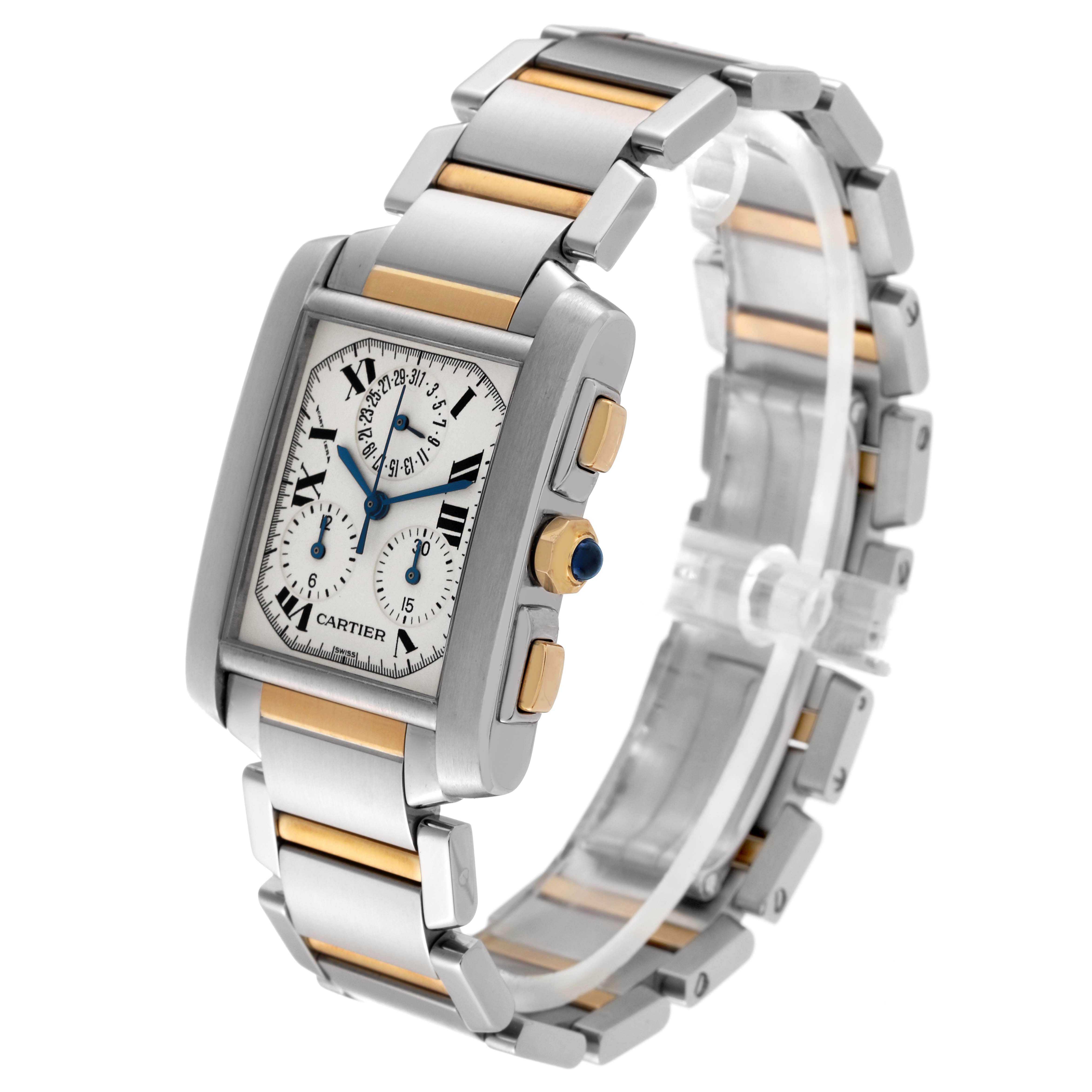 The image shows a Cartier Tank Francaise W51004Q4 Men
s Steel and Gold (two tone) Silver Dial W51004Q4 Men
s Steel and Gold (two tone) Silver Dial model watch at an angle revealing the face, bracelet, side buttons, and crown.