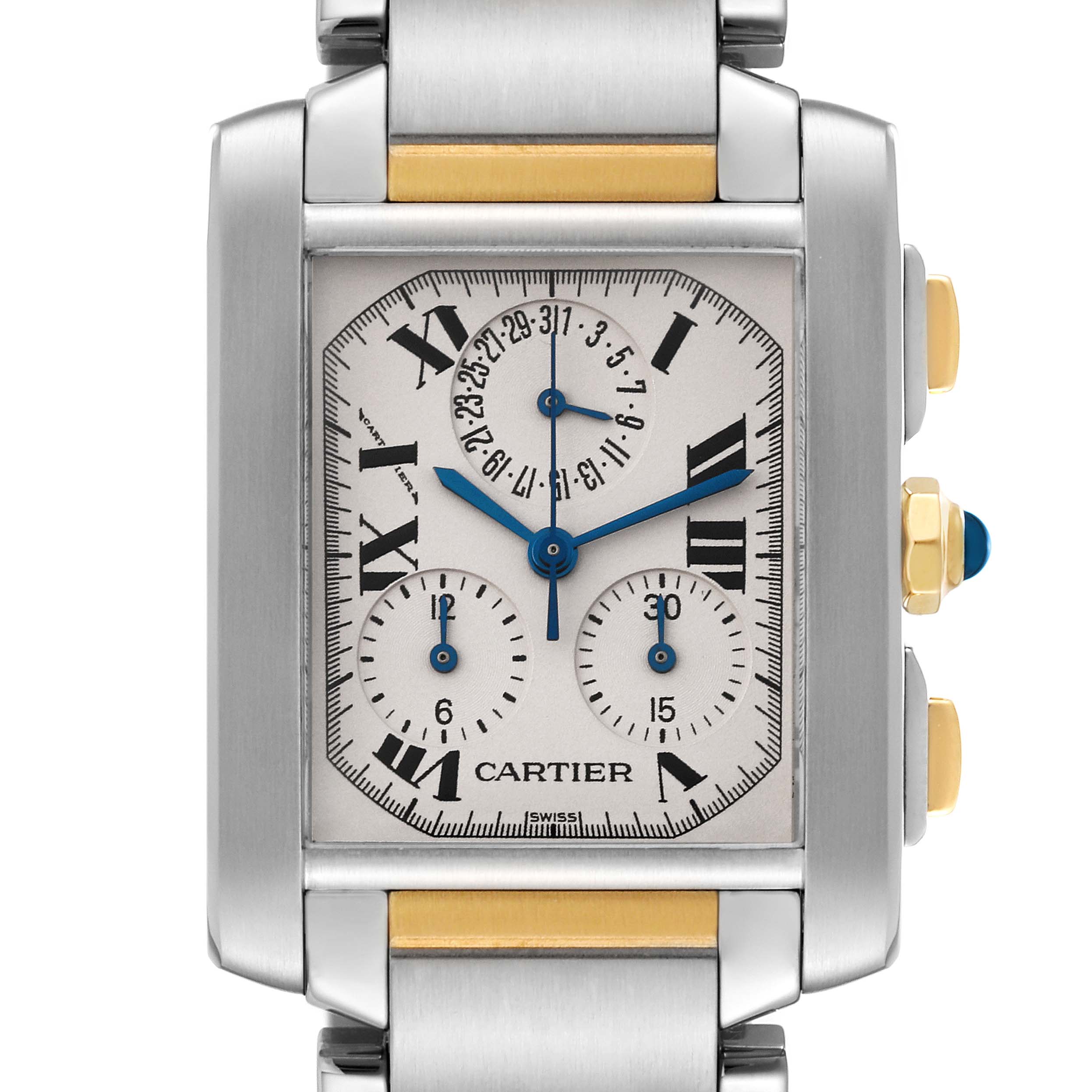 The image shows a frontal view of the Cartier Tank Française watch, highlighting its rectangular face, Roman numerals, and chronograph subdials.