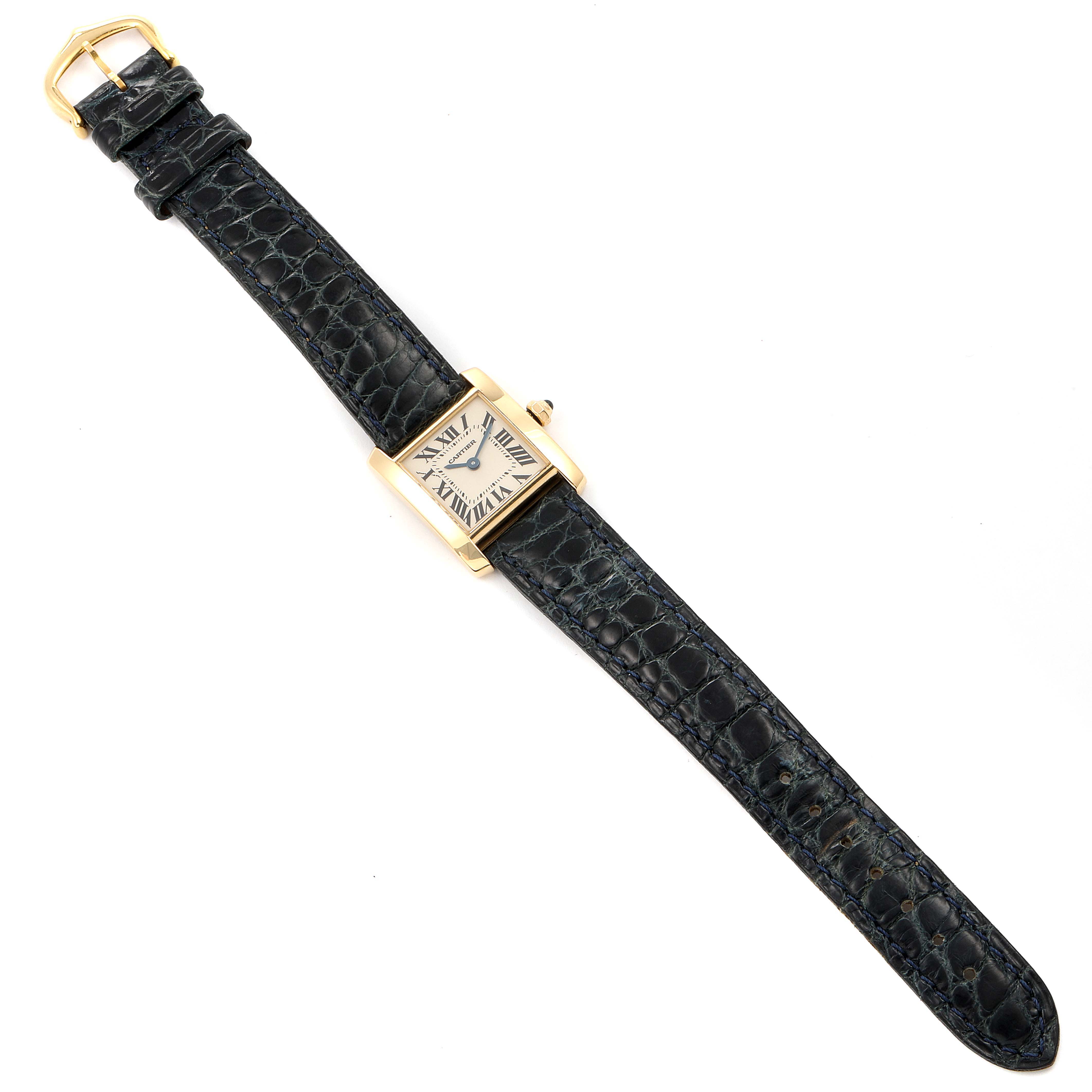 The image shows a Cartier Tank Francaise W5000256 Women's Yellow Gold Silver Dial W5000256 Women's Yellow Gold Silver Dial watch from a top-down angle, highlighting the face, case, and leather strap.