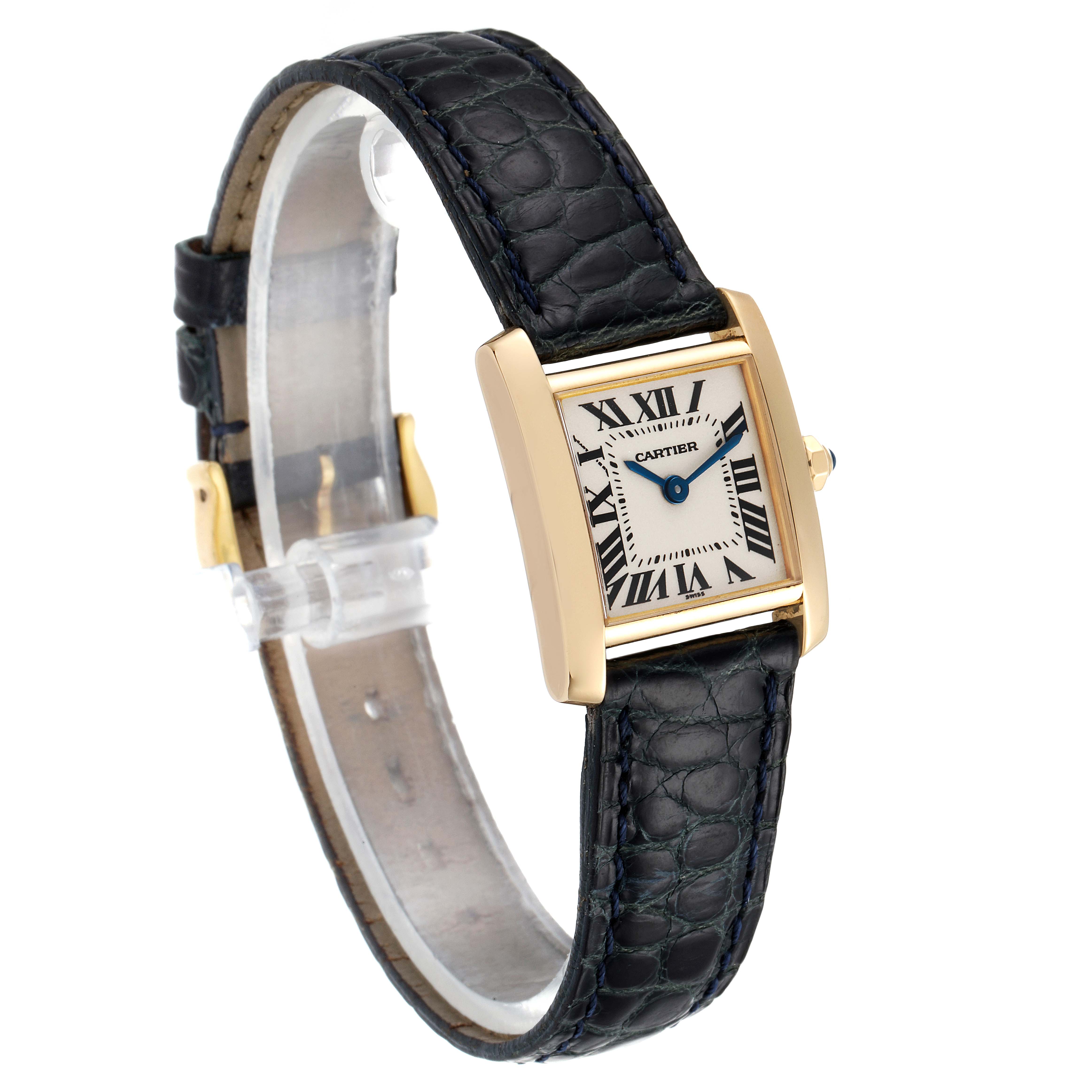 This image shows a Cartier Tank Francaise W5000256 Women's Yellow Gold Silver Dial W5000256 Women's Yellow Gold Silver Dial watch with a black leather strap, gold casing, and a square Roman numeral face.