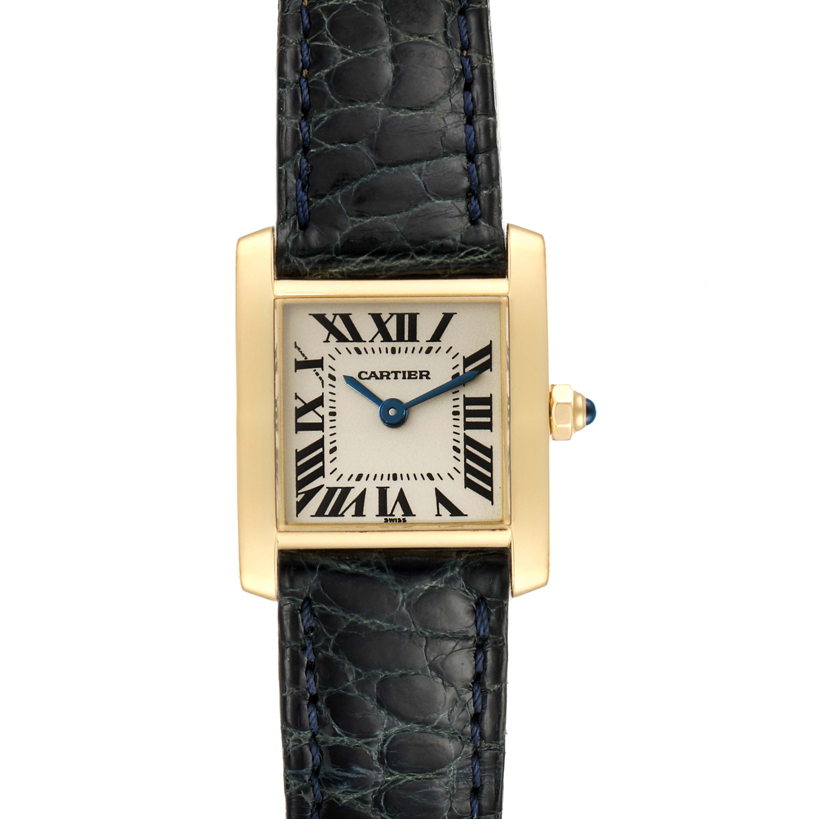 The Cartier Tank Francaise W5000256 Women's Yellow Gold Silver Dial W5000256 Women's Yellow Gold Silver Dial watch is shown from a top view, displaying its rectangular face, Roman numeral dial, and leather strap.