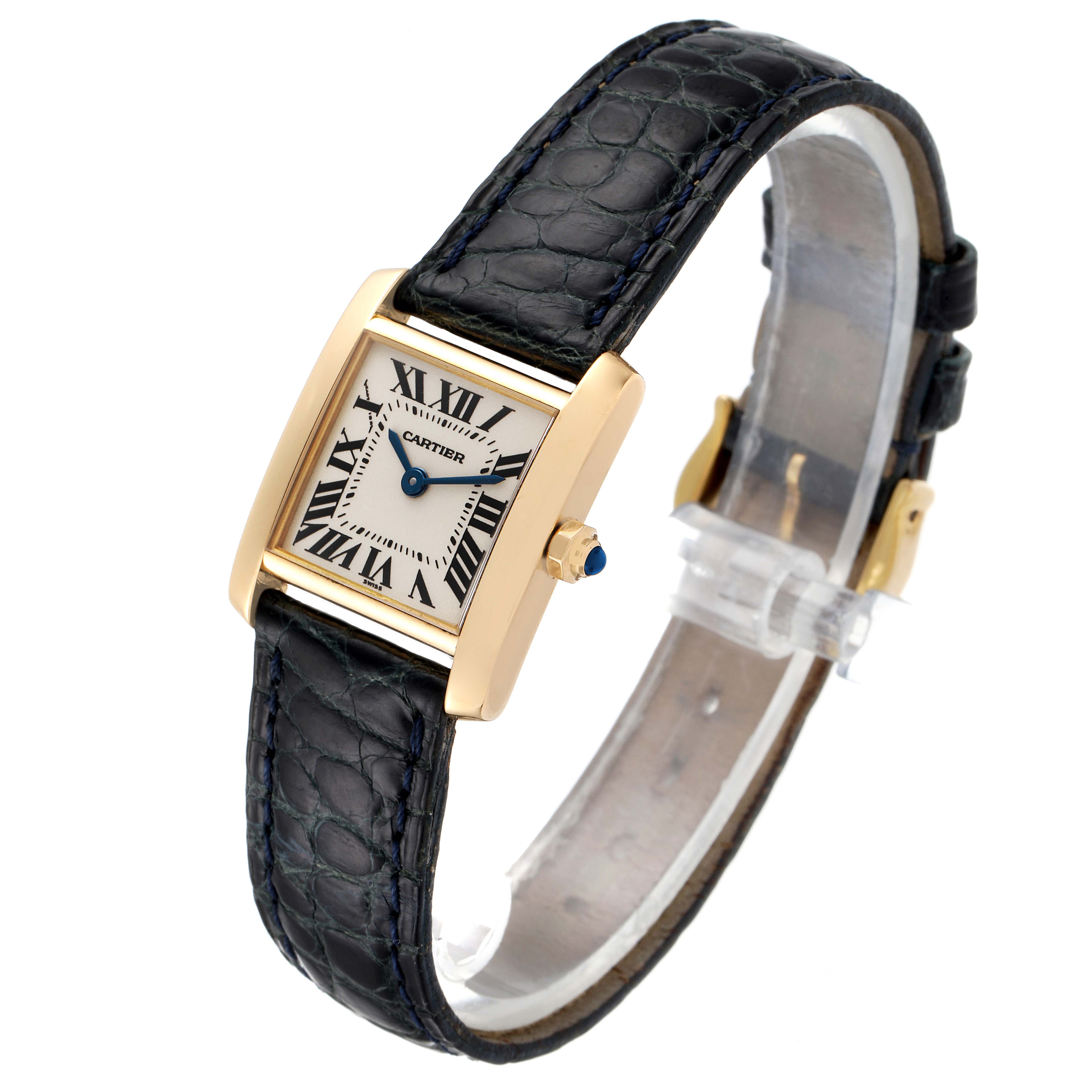 The Cartier Tank Francaise W5000256 Women's Yellow Gold Silver Dial W5000256 Women's Yellow Gold Silver Dial watch is shown at an angle highlighting its face, bezel, crown, and leather strap.