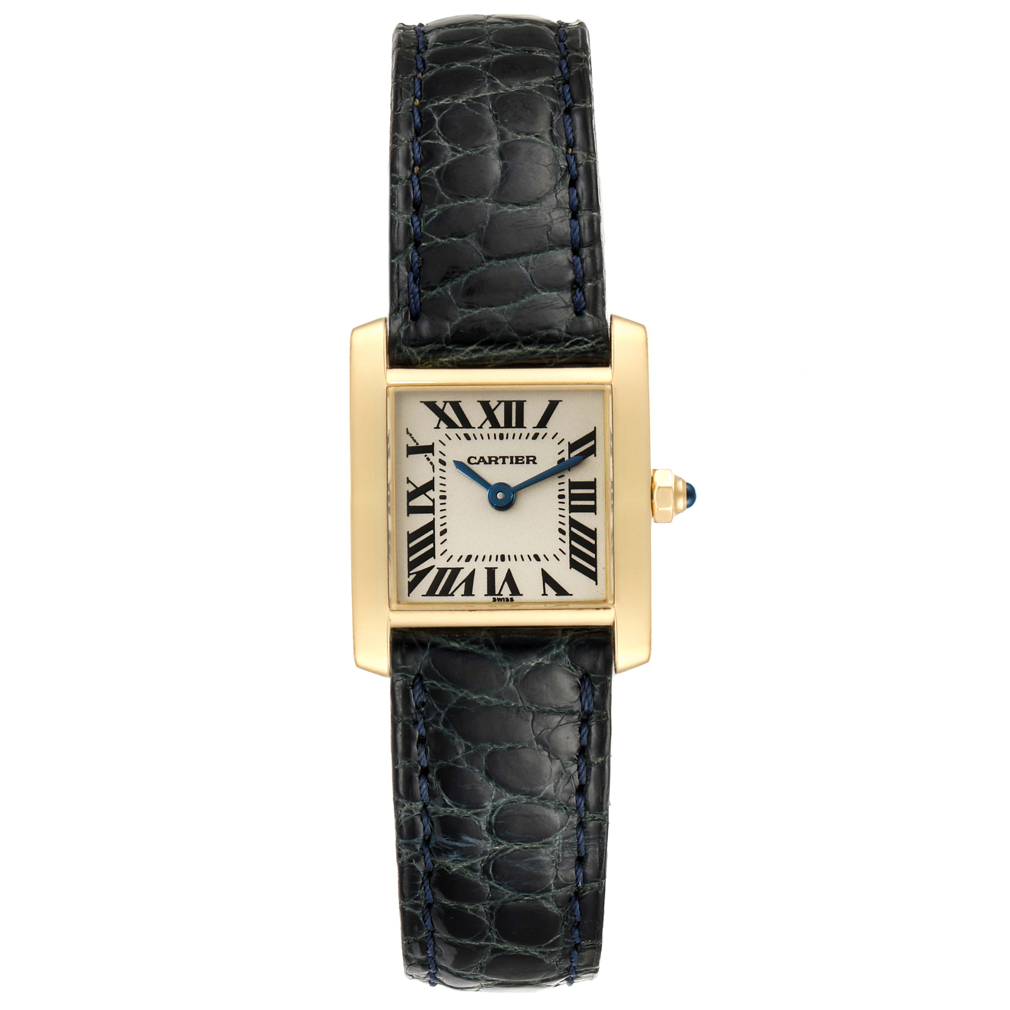 This image shows a front view of the Cartier Tank Francaise W5000256 Women's Yellow Gold Silver Dial W5000256 Women's Yellow Gold Silver Dial watch, displaying its dial, case, and leather strap.