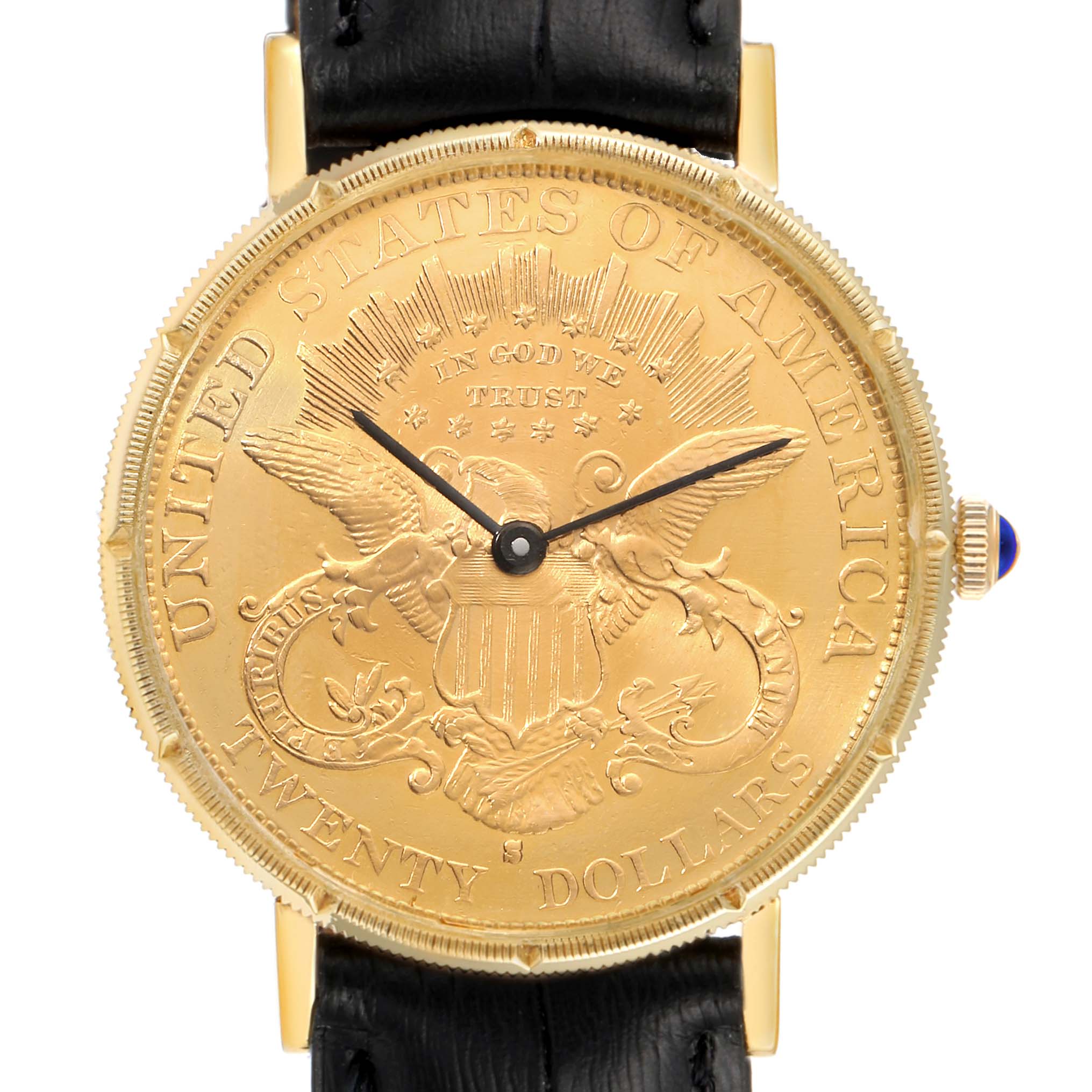 The image shows a front view of the Baume & Mercier  Men's Yellow Gold Black Dial  Men's Yellow Gold Black Dial 1873 model watch, emphasizing its gold coin face and black leather strap.