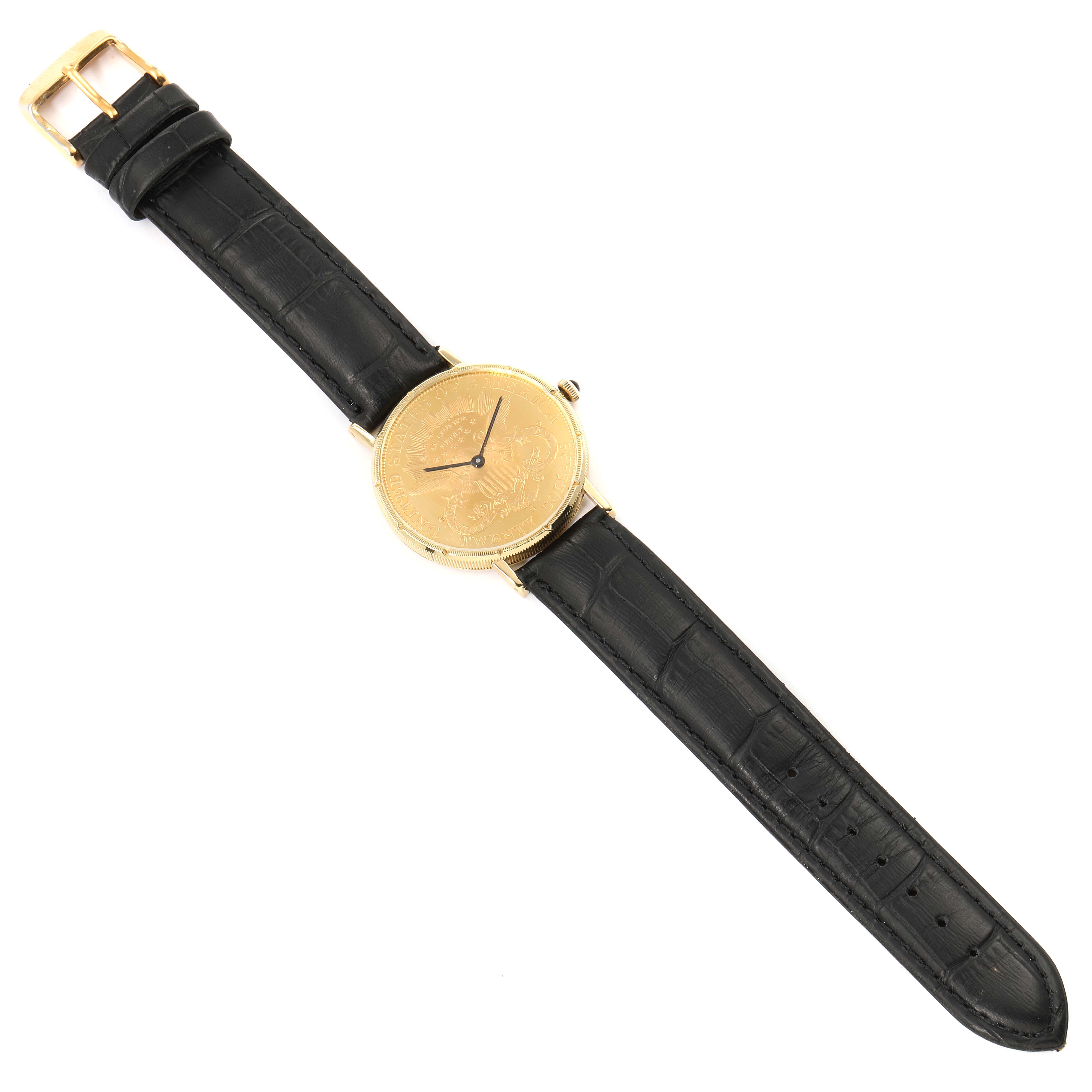 The image shows a top-down view of the Baume & Mercier  Men's Yellow Gold Black Dial  Men's Yellow Gold Black Dial 20 Dollars Double Eagle Yellow Gold Coin Automatic Men's Watch 1873 model.