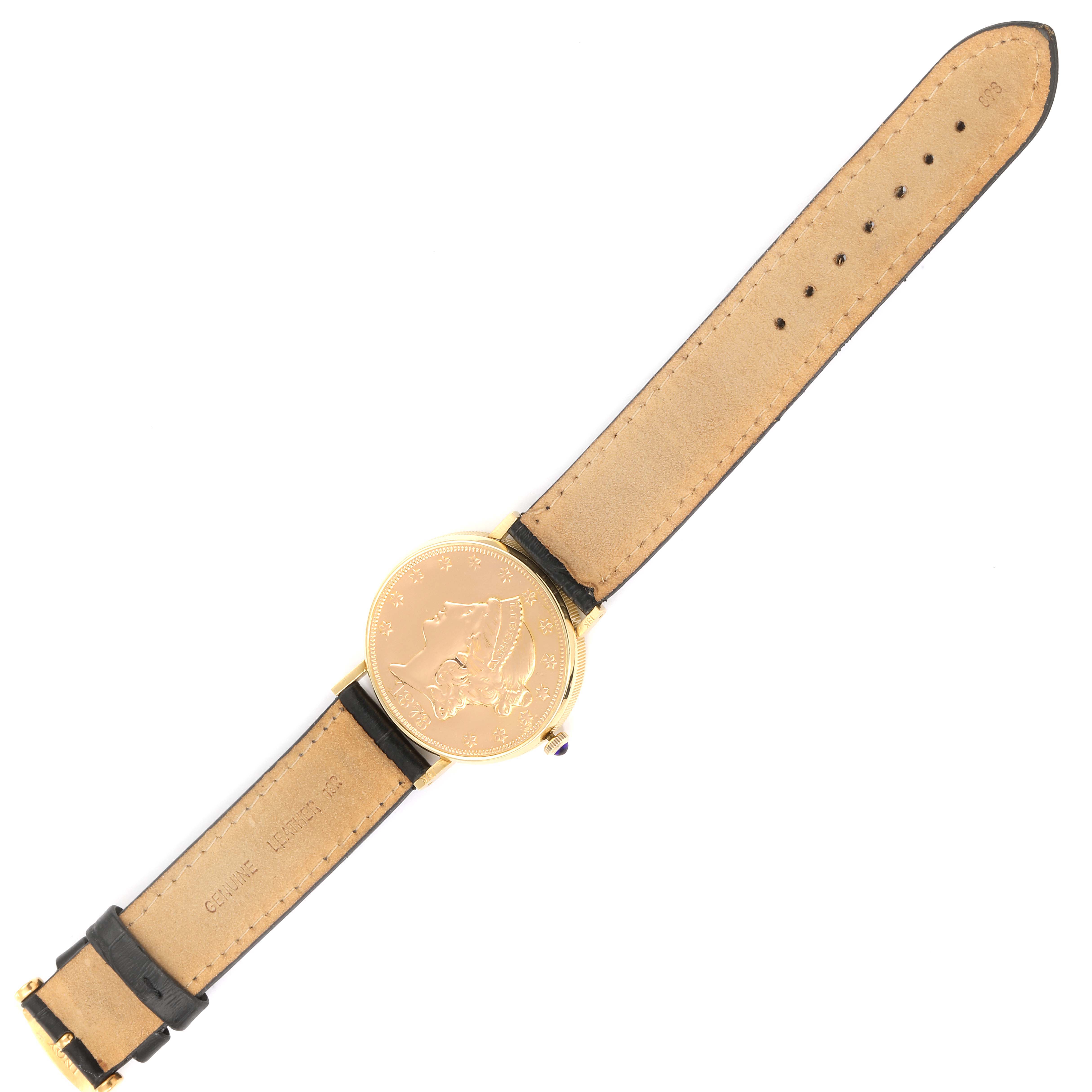 The Baume Mercier 20 Dollars Double Eagle Yellow Gold Coin Automatic Men's Watch 1873 model is shown from the front with its strap fully extended.