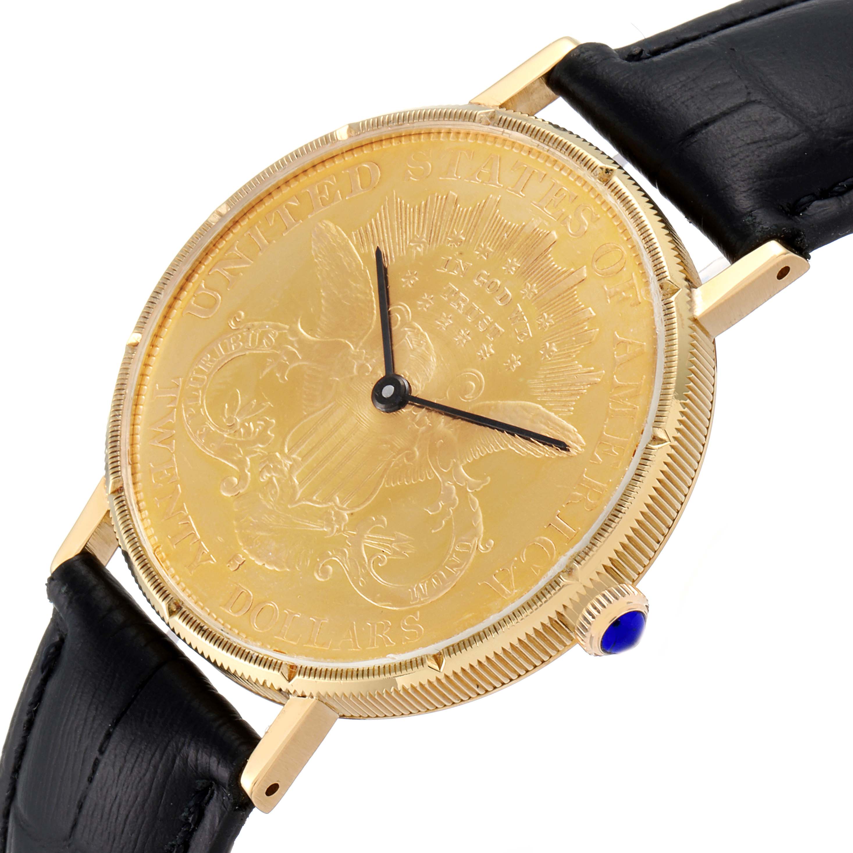 The image shows the Baume & Mercier  Men's Yellow Gold Black Dial  Men's Yellow Gold Black Dial 1873 model's front view, highlighting its gold coin face, hands, and leather strap.