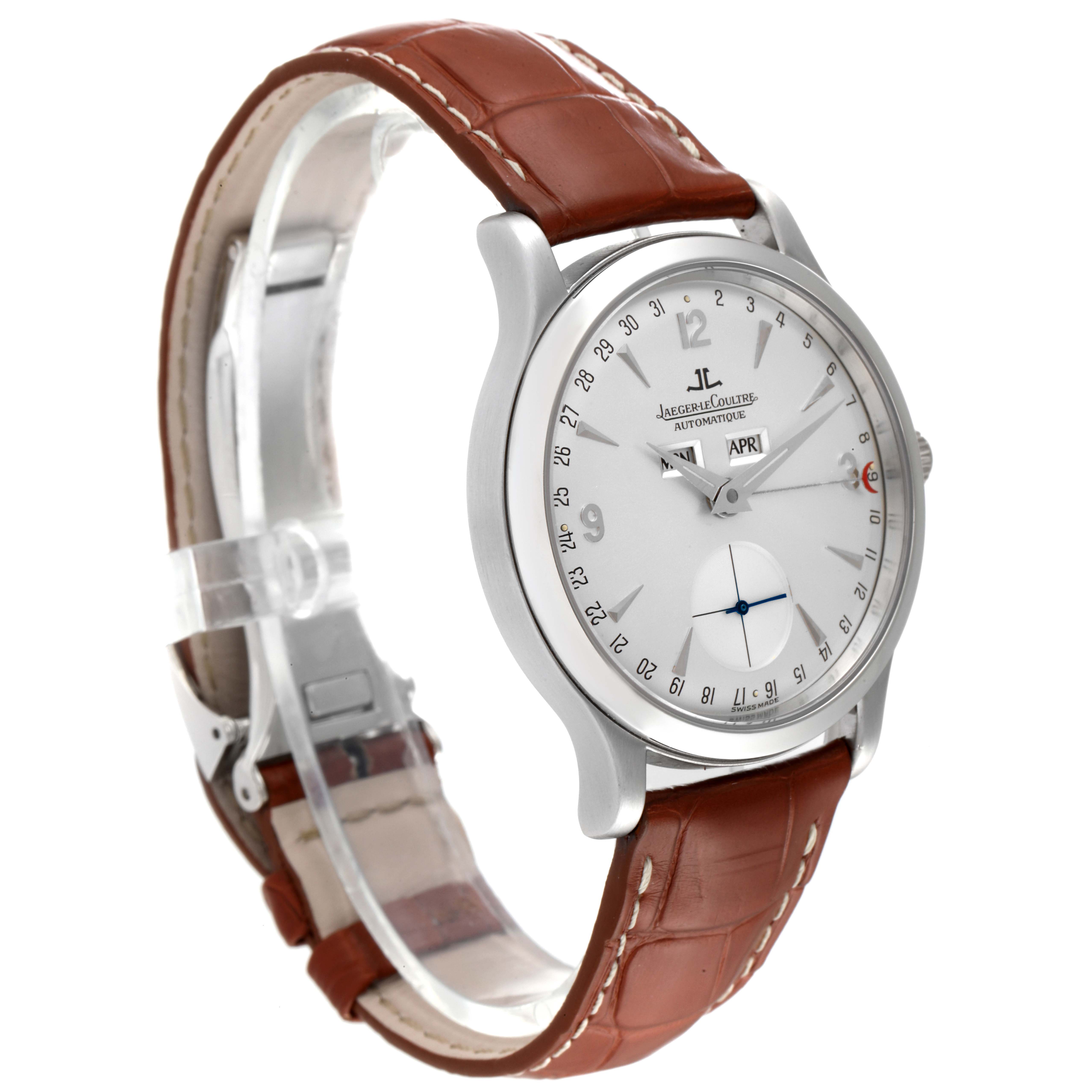 This image shows a Jaeger LeCoultre Master 140.6.87 Men
s Platinum Silver Dial 140.6.87 Men
s Platinum Silver Dial watch at a three-quarter angle, displaying the face, straps, and case.