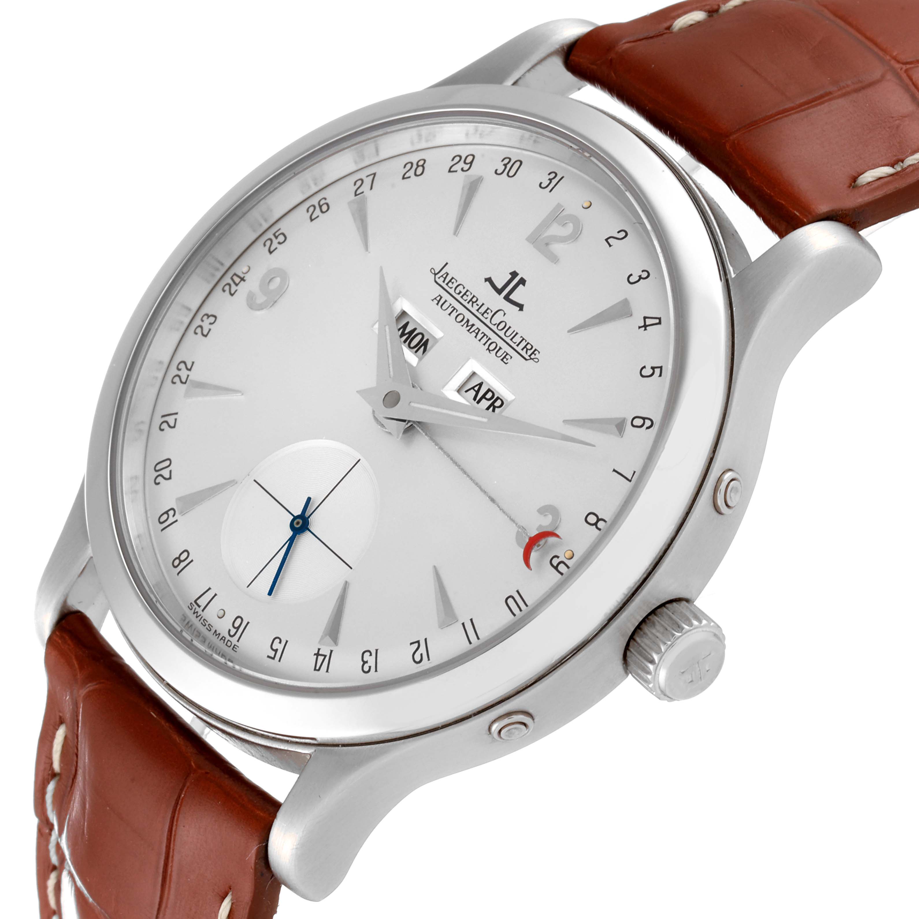 This Jaeger LeCoultre Master 140.6.87 Men
s Platinum Silver Dial 140.6.87 Men
s Platinum Silver Dial model watch is shown at a three-quarter angle, displaying its face, crown, and brown leather strap.