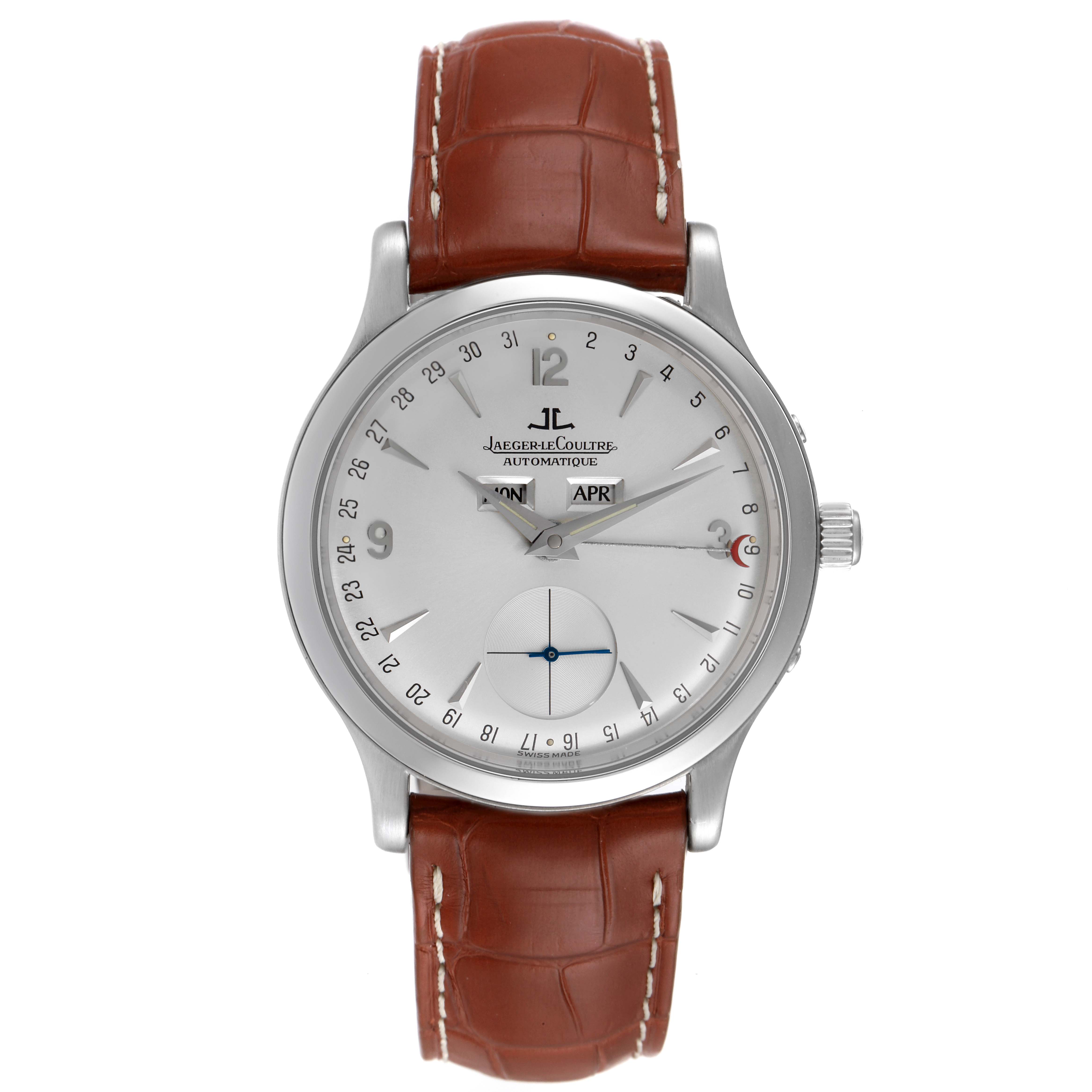 The image shows a Jaeger LeCoultre Master 140.6.87 Men
s Platinum Silver Dial 140.6.87 Men
s Platinum Silver Dial model watch from a front angle, displaying its dial with day, date, and month indicators, and a brown leather strap.