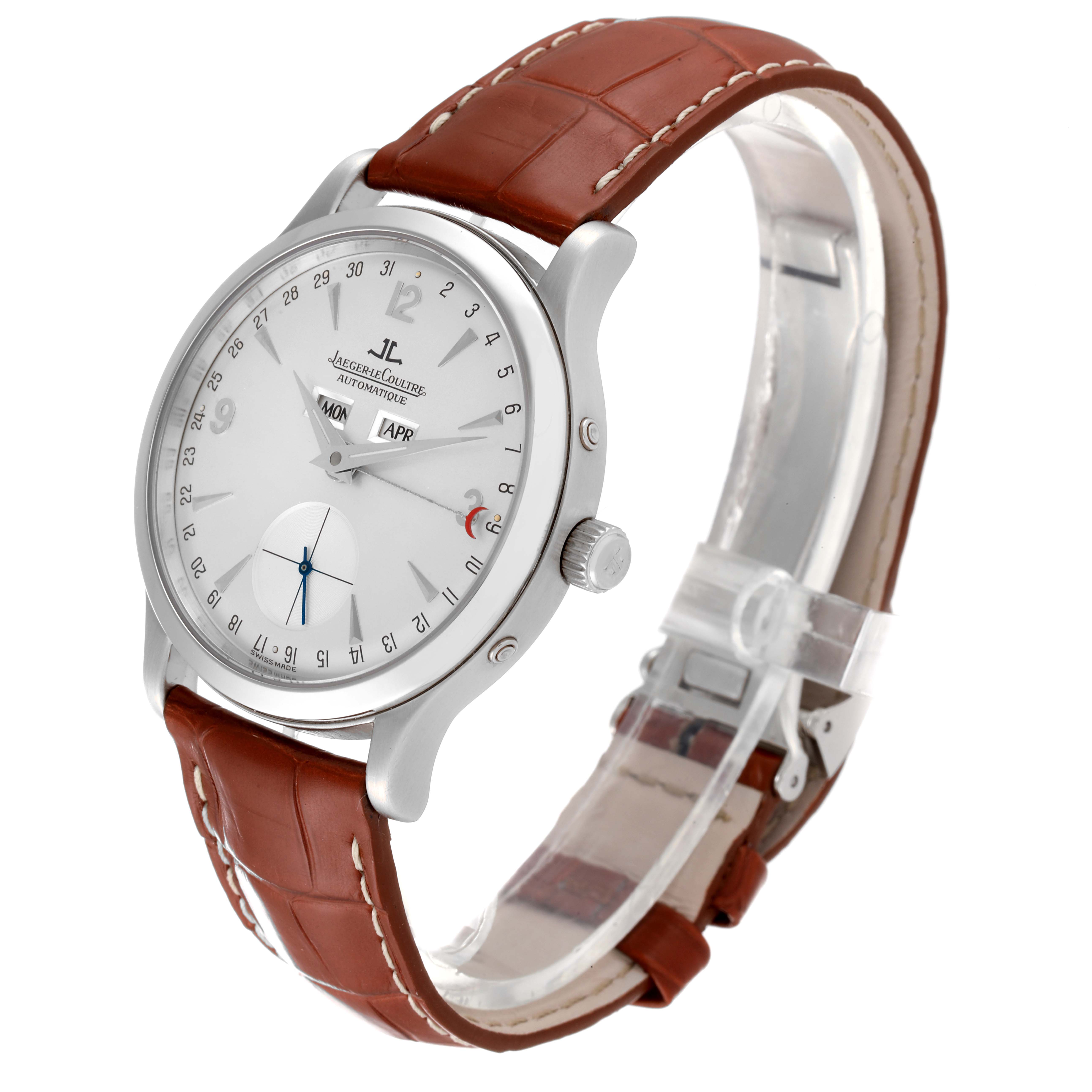 The Jaeger LeCoultre Master 140.6.87 Men
s Platinum Silver Dial 140.6.87 Men
s Platinum Silver Dial watch is shown at a slight angle highlighting its dial, brown leather strap, and side crown.