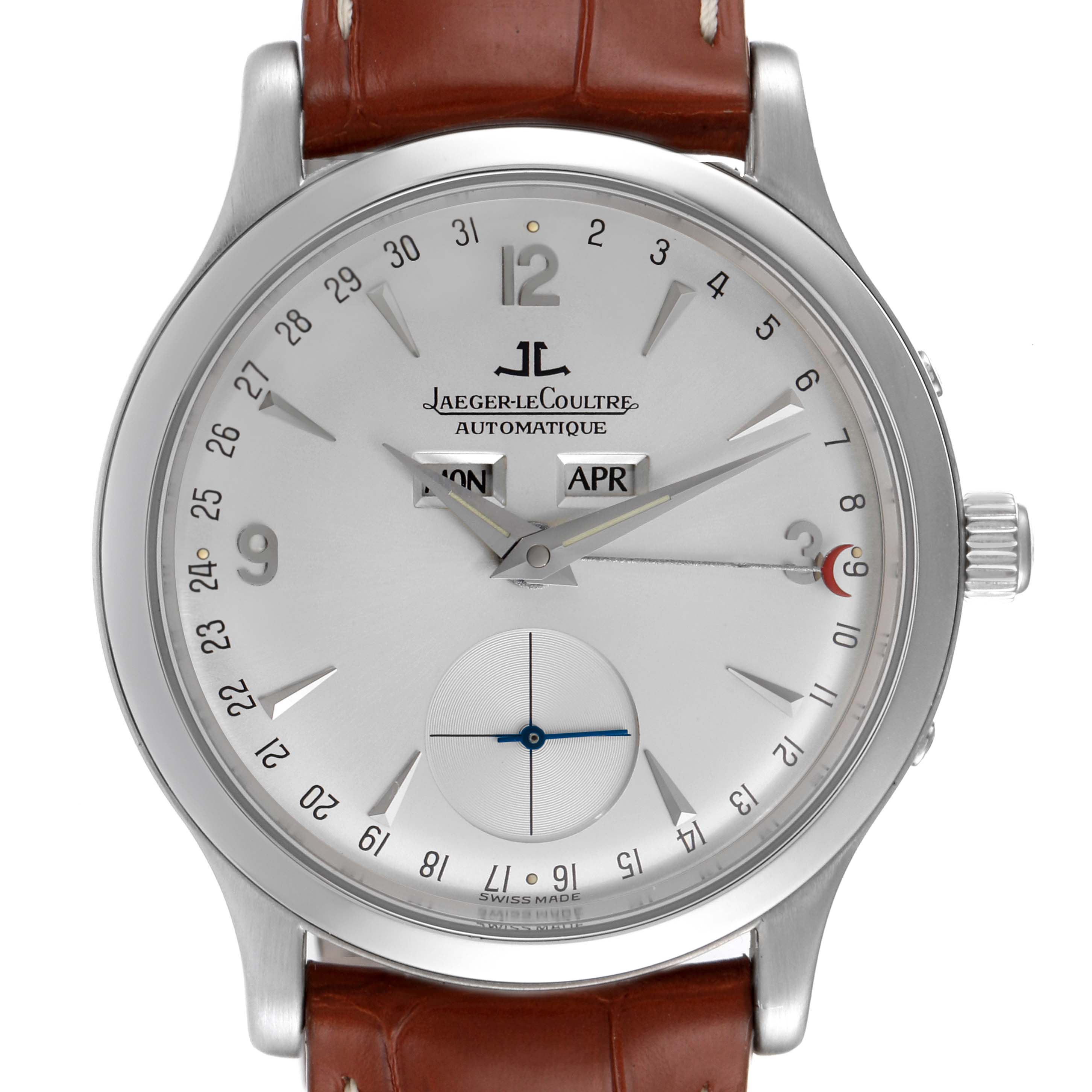 This image shows a front view of the Jaeger LeCoultre Master 140.6.87 Men
s Platinum Silver Dial 140.6.87 Men
s Platinum Silver Dial model watch, highlighting the dial, hands, indices, day, and month indicators.