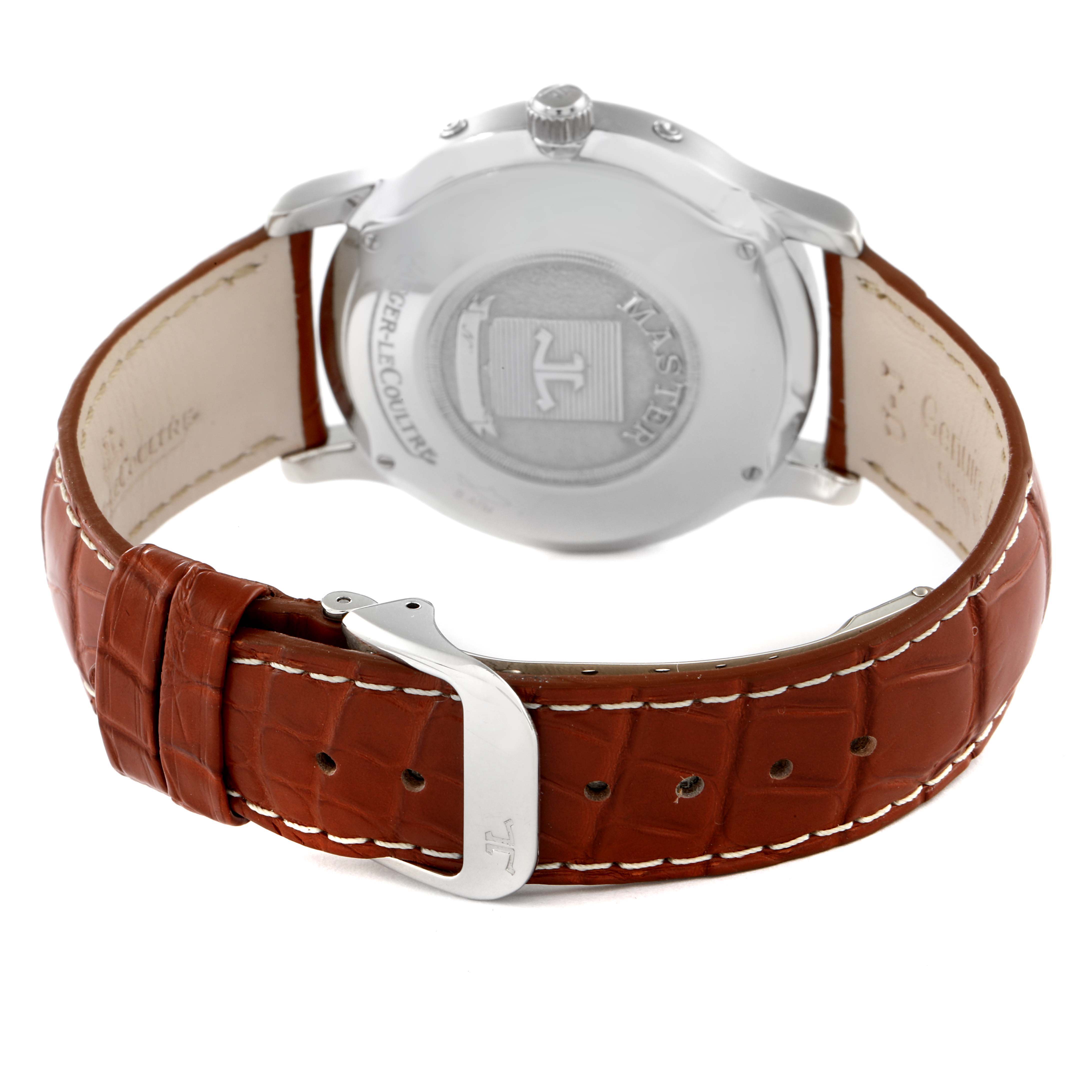 The image shows the back and buckle of the Jaeger LeCoultre Master 140.6.87 Men
s Platinum Silver Dial 140.6.87 Men
s Platinum Silver Dial model watch, highlighting the brand
s emblem and leather strap.
