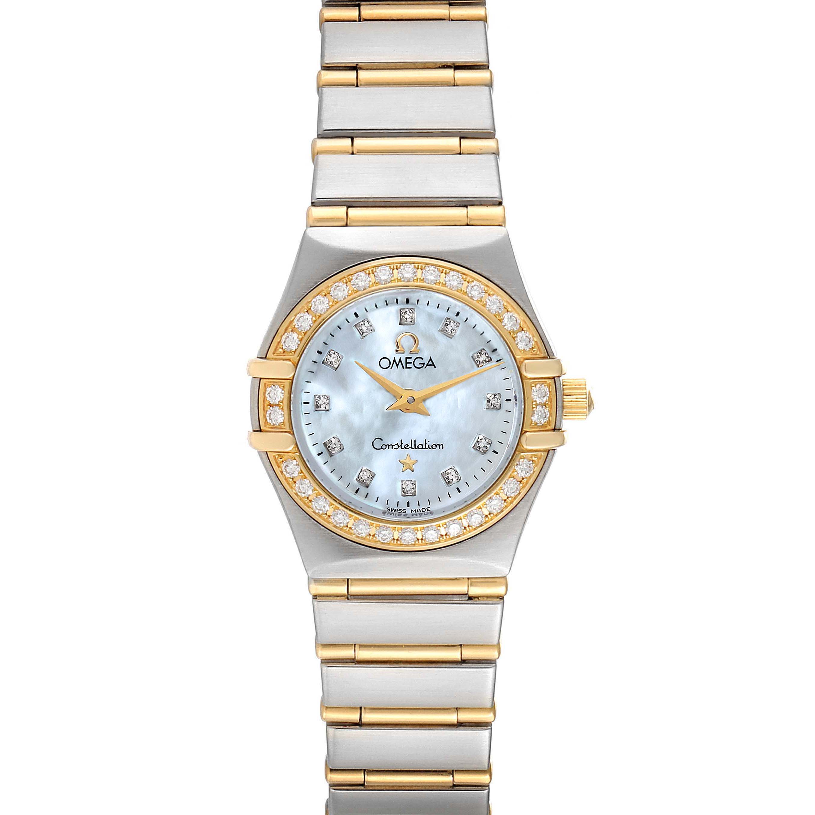 The image shows a front view of the Omega 1267.75.00 Women
s Steel and Gold (two tone) Mother of Pearl Dial 1267.75.00 Women
s Steel and Gold (two tone) Mother of Pearl Dial Constellation 95 Mother of Pearl Diamond Ladies Watch 1267.75.00, displaying the watch face and bracelet.