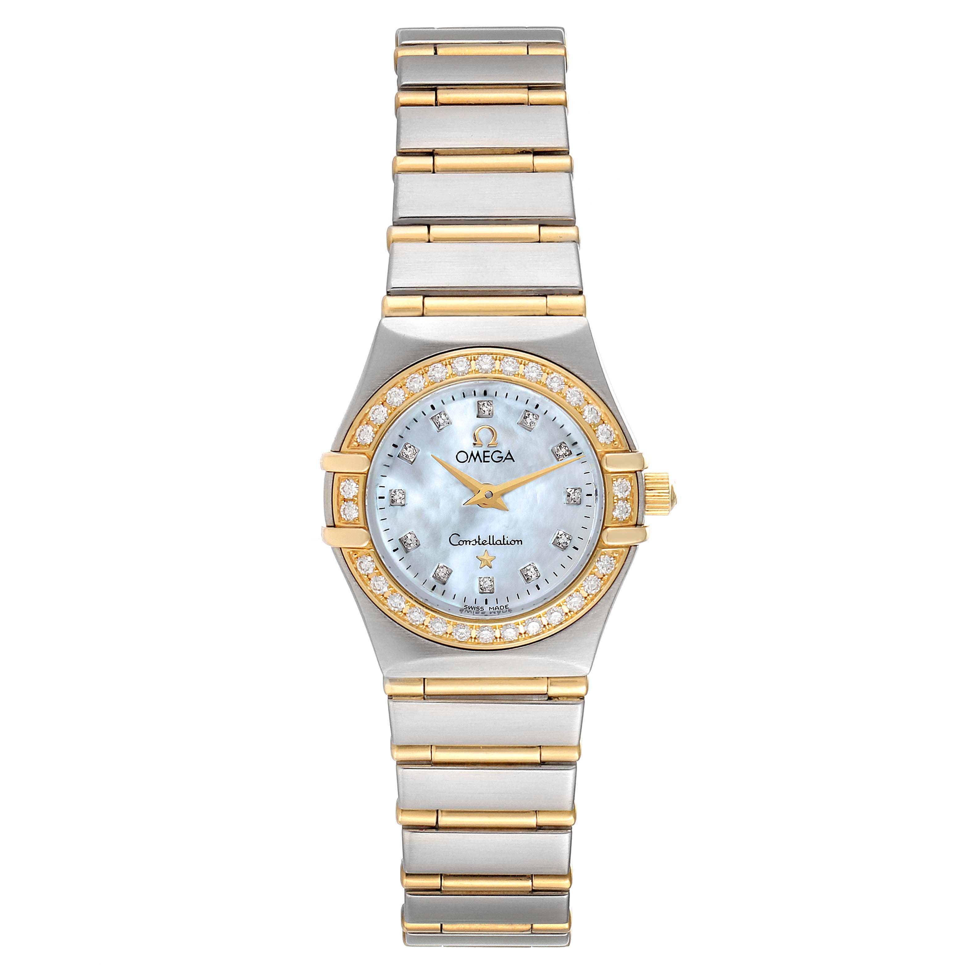 This image shows the front view of the Omega 1267.75.00 Women
s Steel and Gold (two tone) Mother of Pearl Dial 1267.75.00 Women
s Steel and Gold (two tone) Mother of Pearl Dial Constellation 95 Mother of Pearl Diamond Ladies Watch 1267.75.00, highlighting the dial and bracelet.