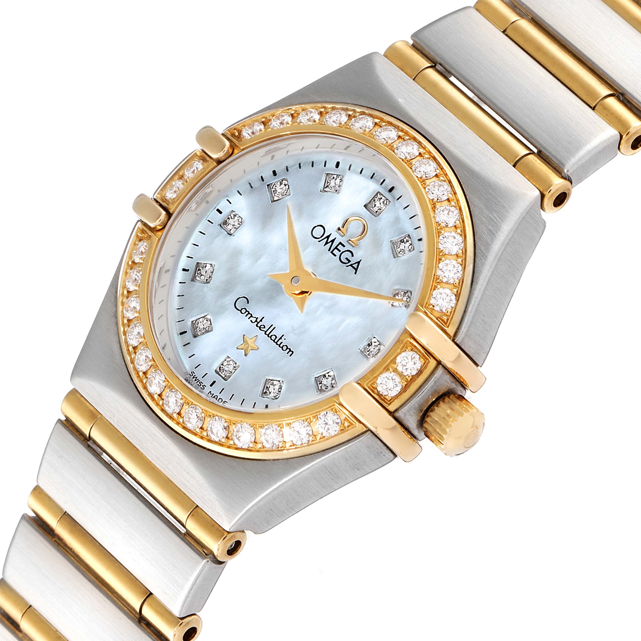 The image shows a close-up of the dial and a portion of the bracelet of the Omega 1267.75.00 Women
s Steel and Gold (two tone) Mother of Pearl Dial 1267.75.00 Women
s Steel and Gold (two tone) Mother of Pearl Dial Constellation 95 Mother of Pearl Diamond Ladies Watch 1267.75.00.