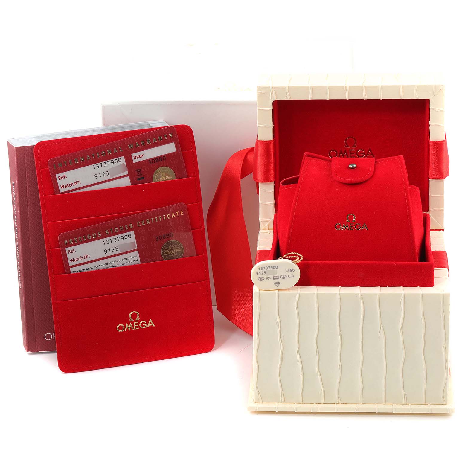 The image shows the box, card holder, and packaging of the Omega 1373.79.00 Women's Steel and Gold (two tone) Mother of Pearl Dial 1373.79.00 Women's Steel and Gold (two tone) Mother of Pearl Dial Constellation Iris My Choice Steel Rose Gold Ladies Watch 1373.79.00.