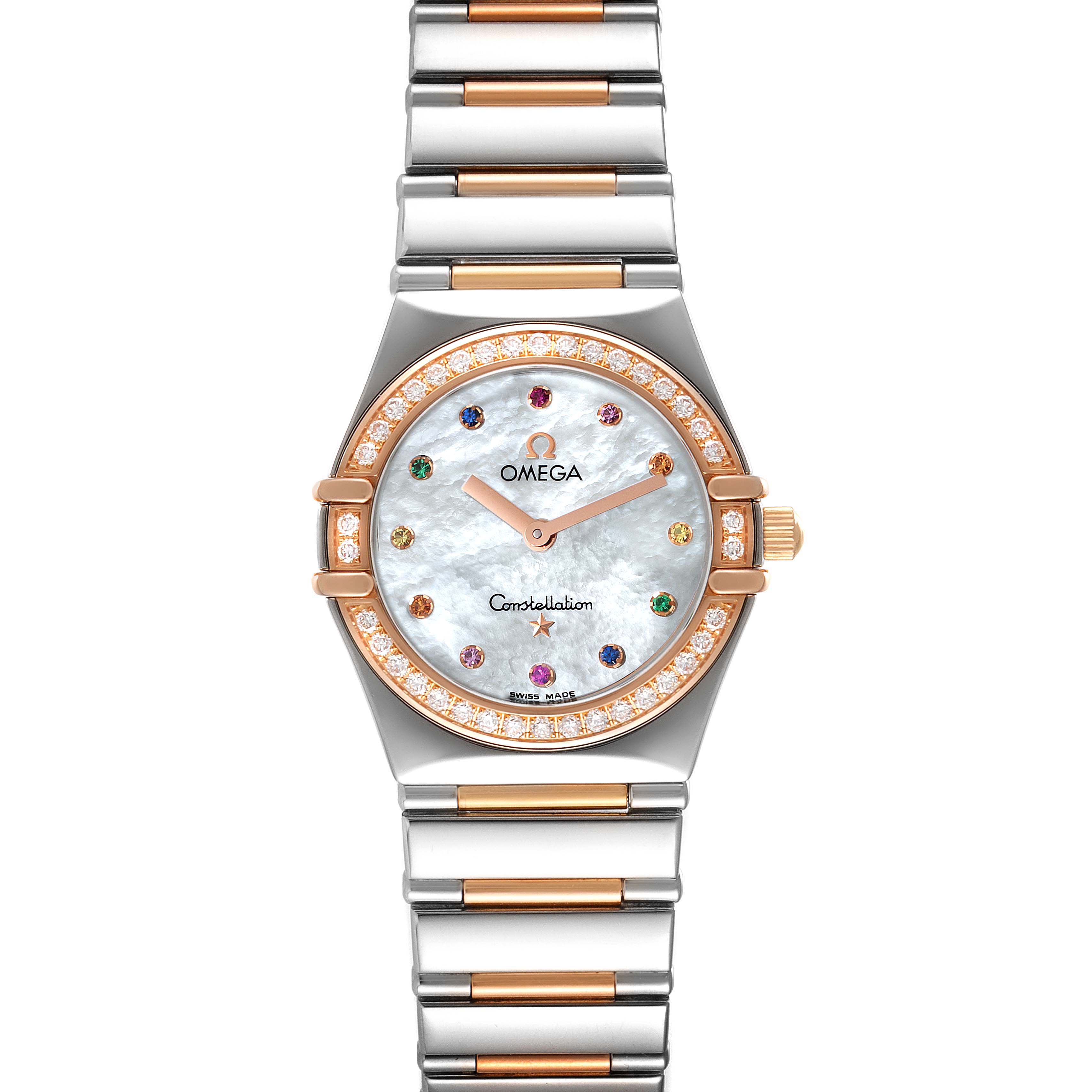 This image shows the front view of the Omega 1373.79.00 Women's Steel and Gold (two tone) Mother of Pearl Dial 1373.79.00 Women's Steel and Gold (two tone) Mother of Pearl Dial Constellation Iris My Choice Steel Rose Gold Ladies Watch 1373.79.00, displaying its face and bracelet.