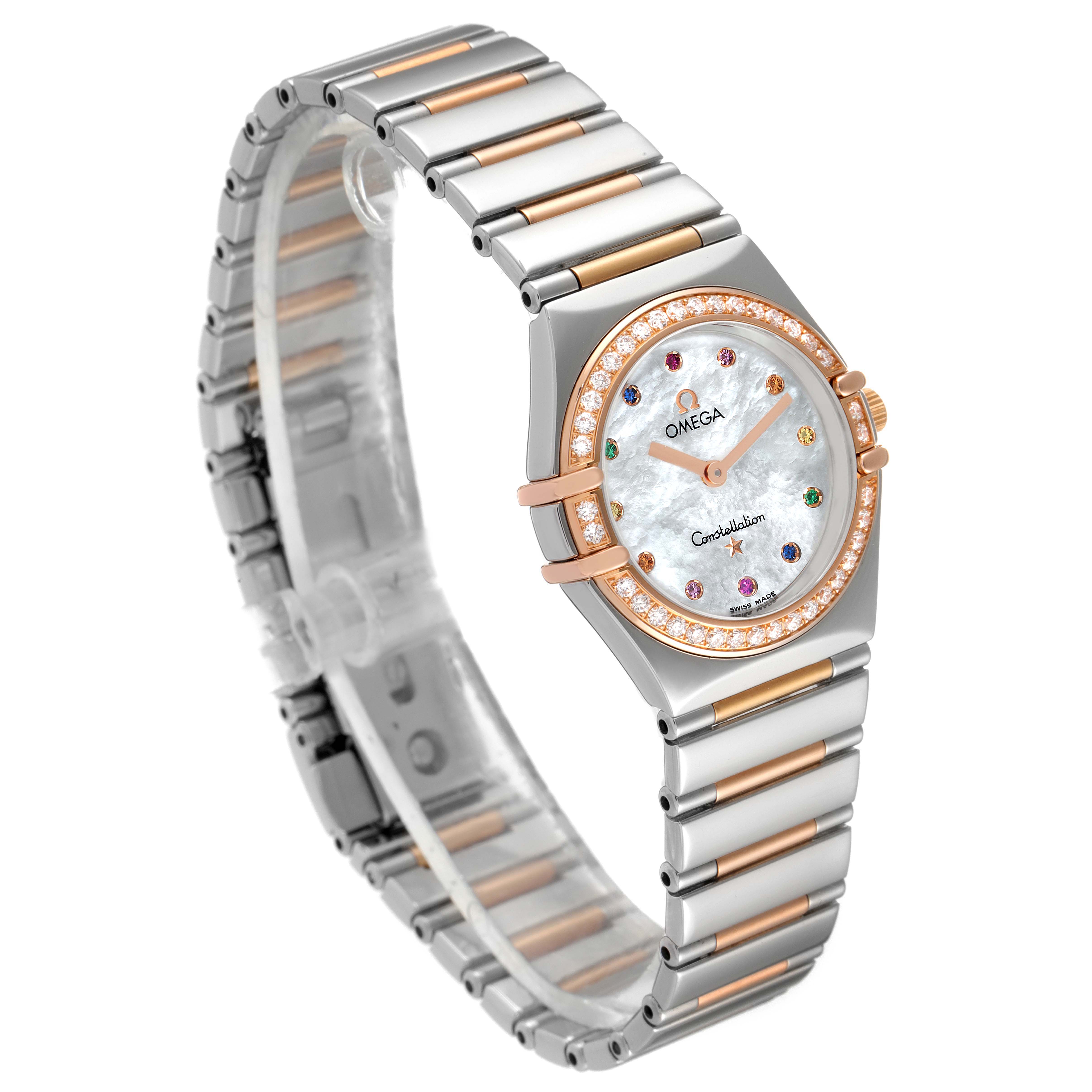 The image displays the Omega 1373.79.00 Women's Steel and Gold (two tone) Mother of Pearl Dial 1373.79.00 Women's Steel and Gold (two tone) Mother of Pearl Dial Constellation Iris My Choice Steel Rose Gold Ladies Watch 1373.79.00 at an angled front view, showcasing its case, dial, and bracelet.