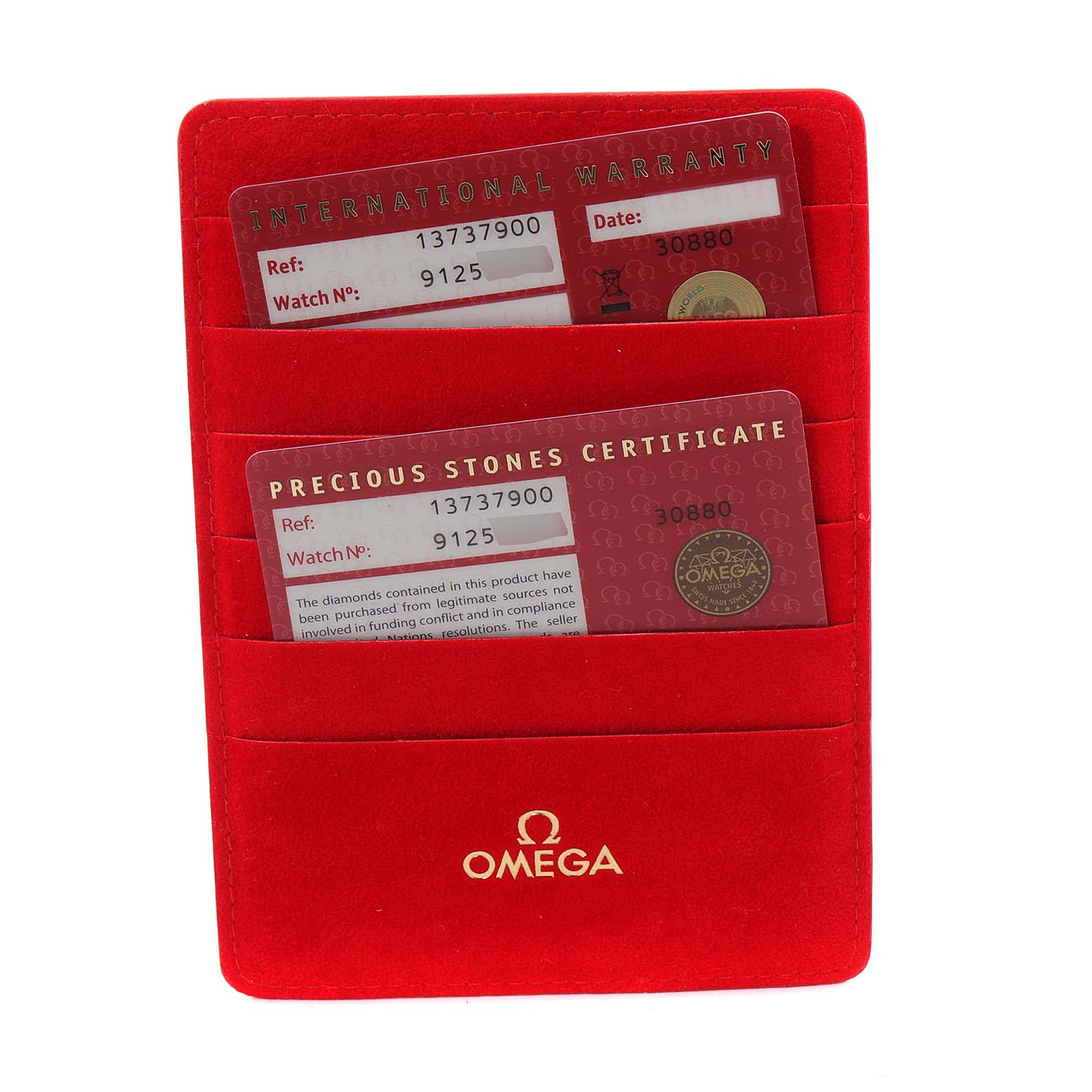 The image shows the warranty and certification cards for the Constellation Iris My Choice Steel Rose Gold Ladies Watch 1373.79.00 by Omega 1373.79.00 Women's Steel and Gold (two tone) Mother of Pearl Dial 1373.79.00 Women's Steel and Gold (two tone) Mother of Pearl Dial.