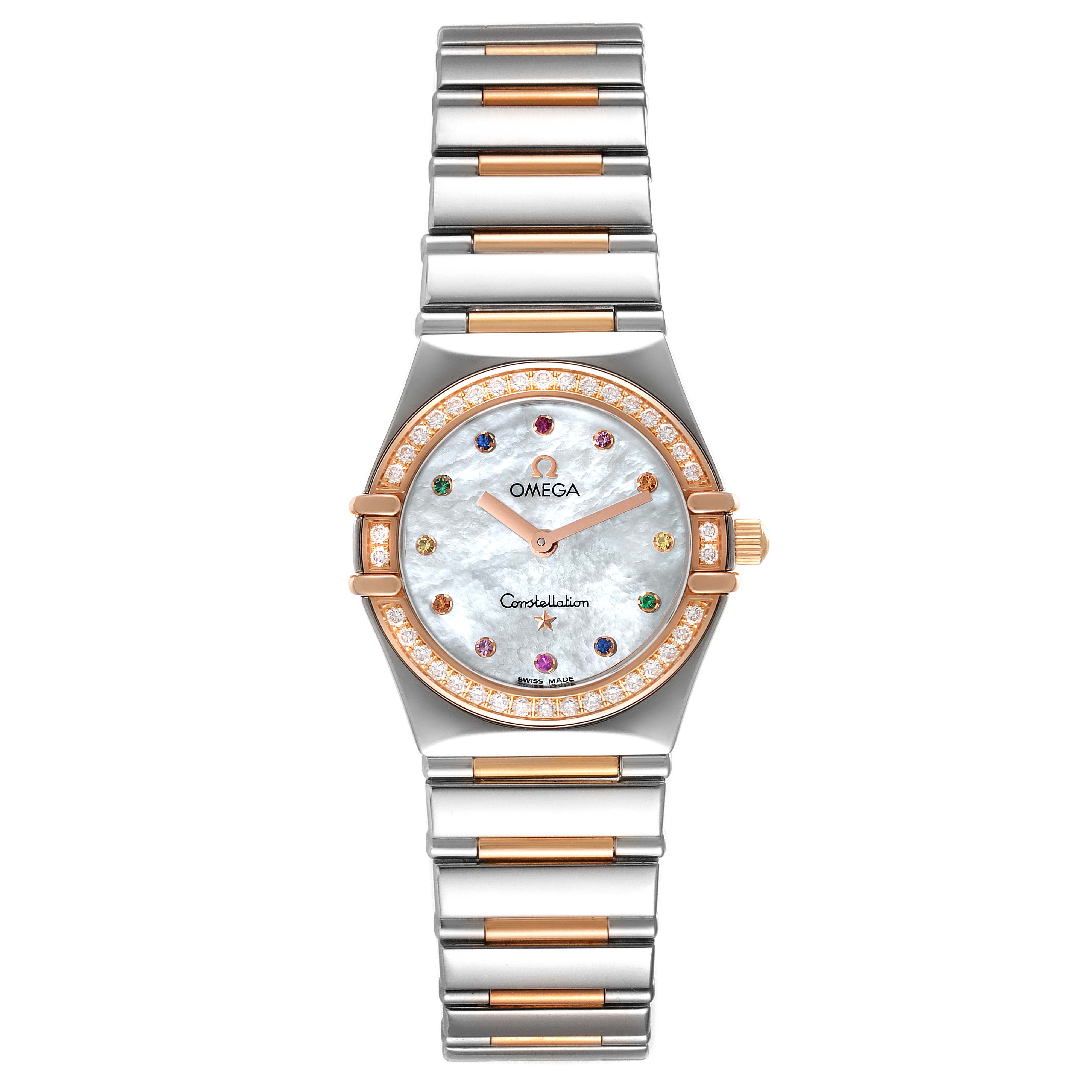 The image shows a front view of the Omega 1373.79.00 Women's Steel and Gold (two tone) Mother of Pearl Dial 1373.79.00 Women's Steel and Gold (two tone) Mother of Pearl Dial Constellation Iris My Choice Steel Rose Gold Ladies Watch 1373.79.00.