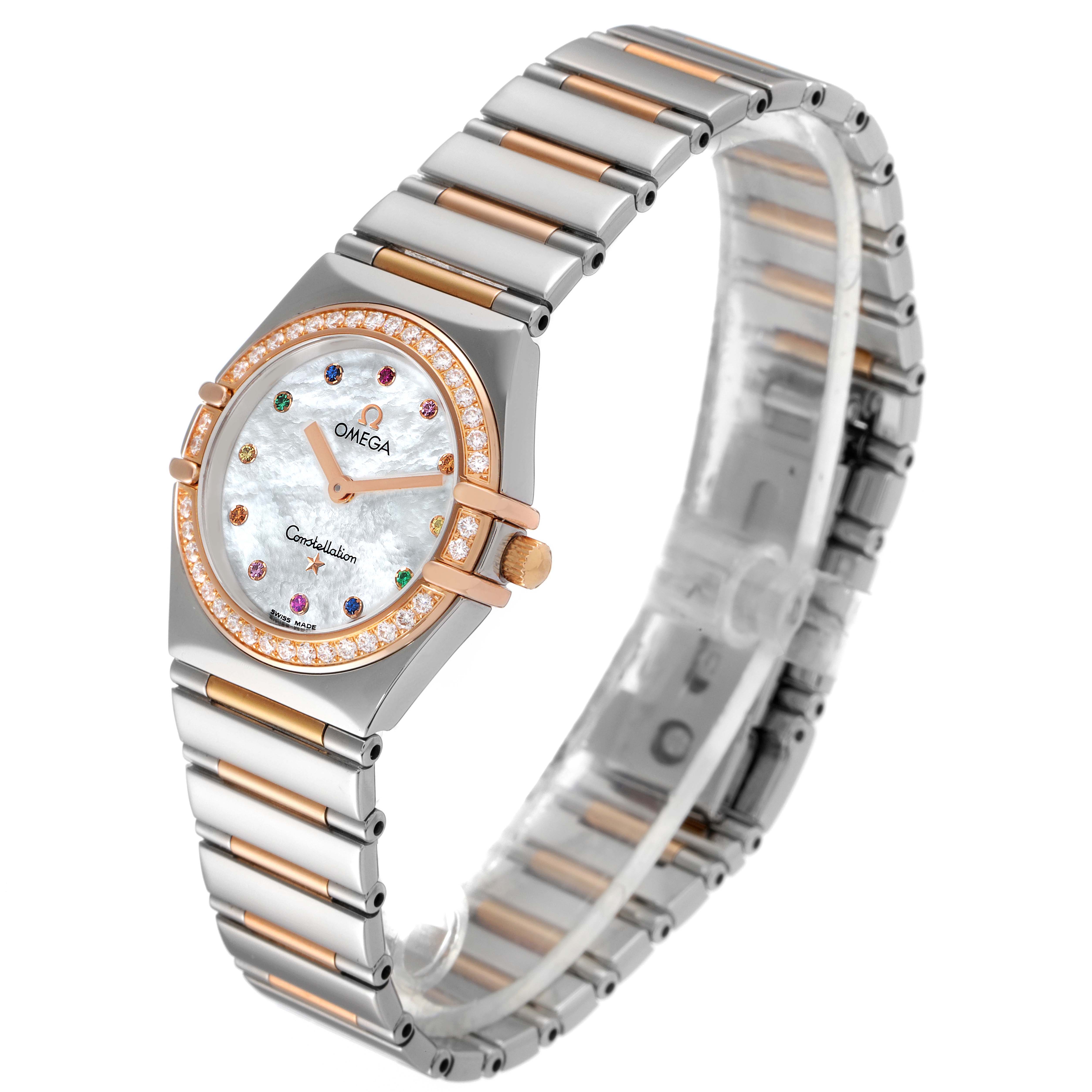 The image shows an angled view of the Omega 1373.79.00 Women's Steel and Gold (two tone) Mother of Pearl Dial 1373.79.00 Women's Steel and Gold (two tone) Mother of Pearl Dial Constellation Iris My Choice Steel Rose Gold Ladies Watch 1373.79.00, highlighting the face, bezel, and bracelet.