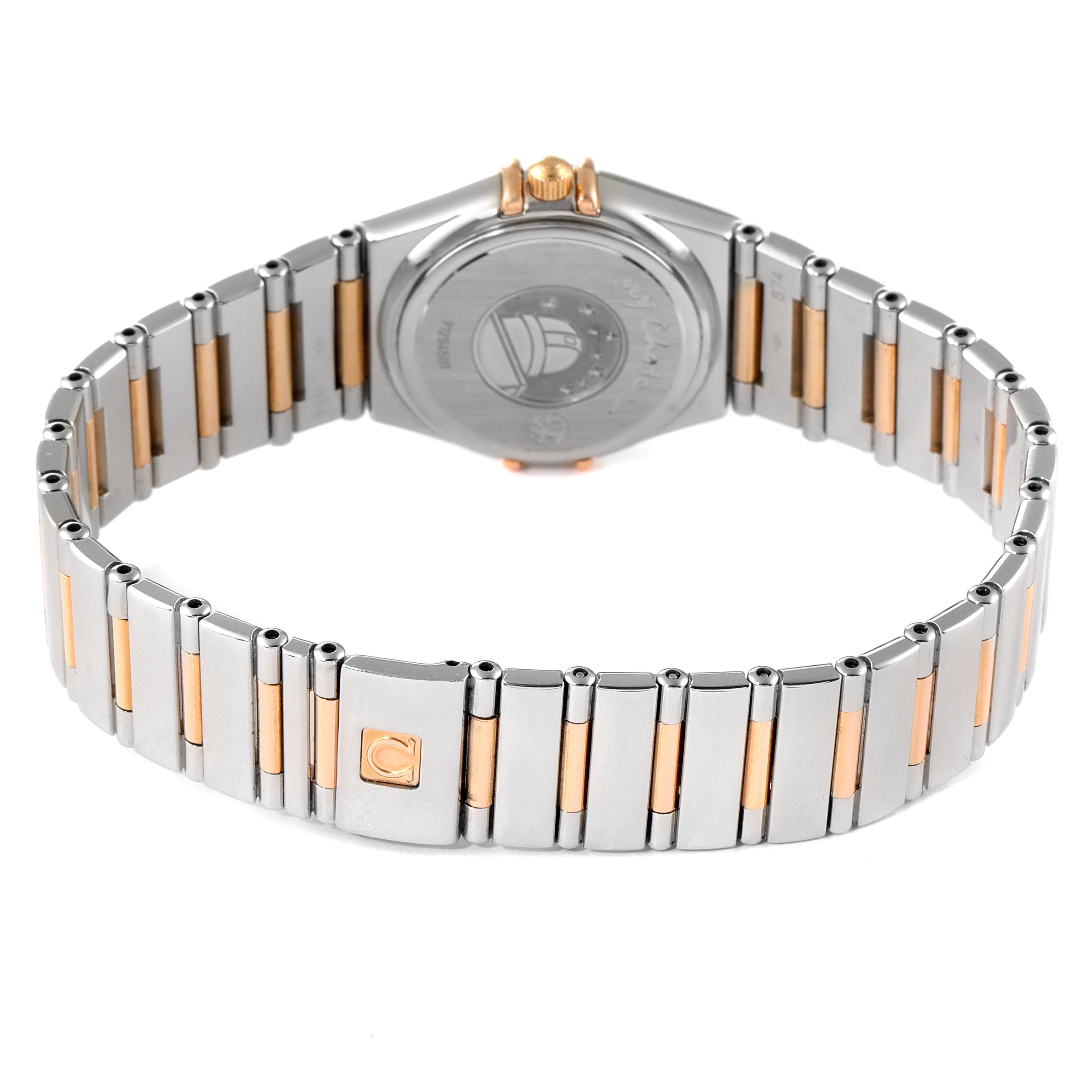 The image shows the back view and part of the bracelet of the Omega 1373.79.00 Women's Steel and Gold (two tone) Mother of Pearl Dial 1373.79.00 Women's Steel and Gold (two tone) Mother of Pearl Dial Constellation Iris My Choice Steel Rose Gold Ladies Watch 1373.79.00.