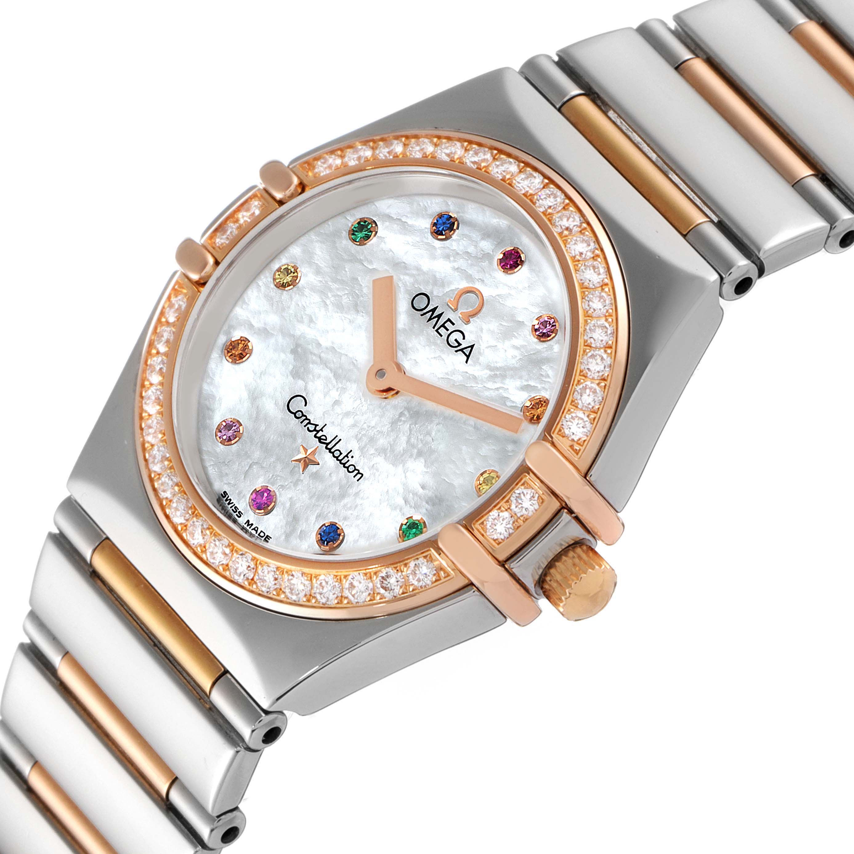 The image shows a close-up angle of the Omega 1373.79.00 Women's Steel and Gold (two tone) Mother of Pearl Dial 1373.79.00 Women's Steel and Gold (two tone) Mother of Pearl Dial Constellation Iris My Choice Steel Rose Gold Ladies Watch 1373.79.00, highlighting the dial, bezel, and bracelet.