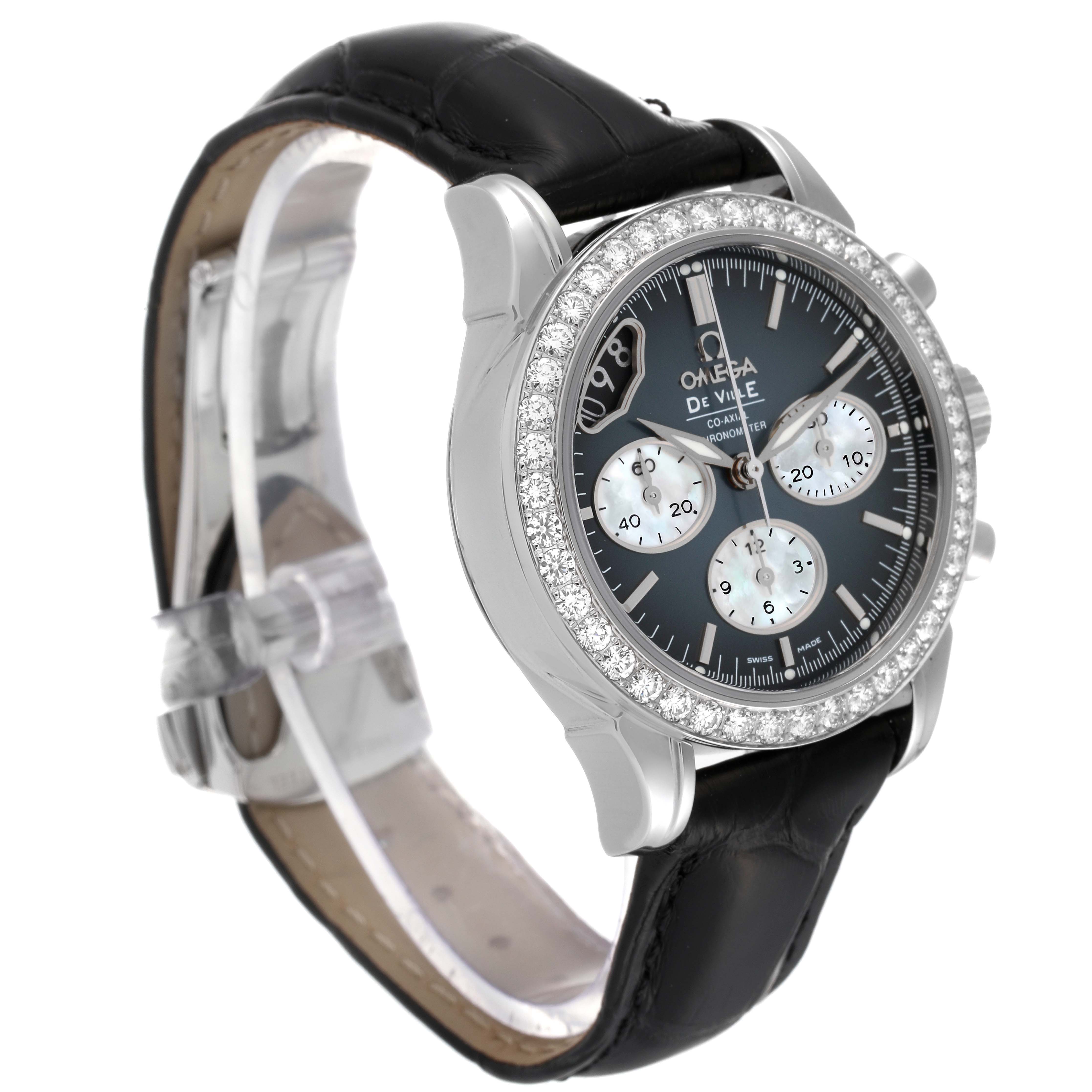 The Omega 422.18.35.50.06.001 Women's Stainless Steel Mother of Pearl Dial 422.18.35.50.06.001 Women's Stainless Steel Mother of Pearl Dial De Ville watch is shown at an angle highlighting the bezel, dial, crystal, and leather strap.