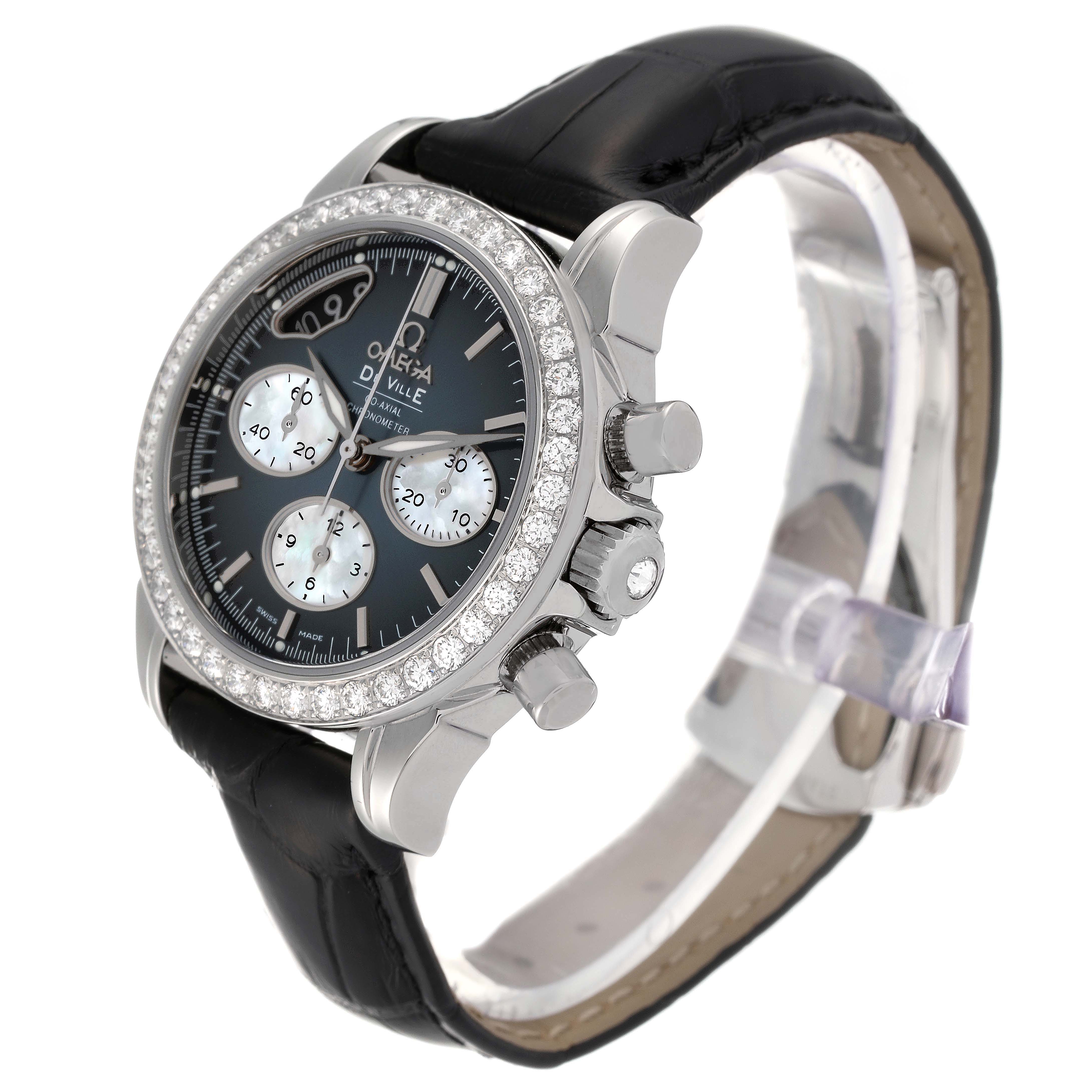 The Omega 422.18.35.50.06.001 Women's Stainless Steel Mother of Pearl Dial 422.18.35.50.06.001 Women's Stainless Steel Mother of Pearl Dial De Ville watch is shown at a slight angle, highlighting its black leather strap, chronograph subdials, and diamond-set bezel.