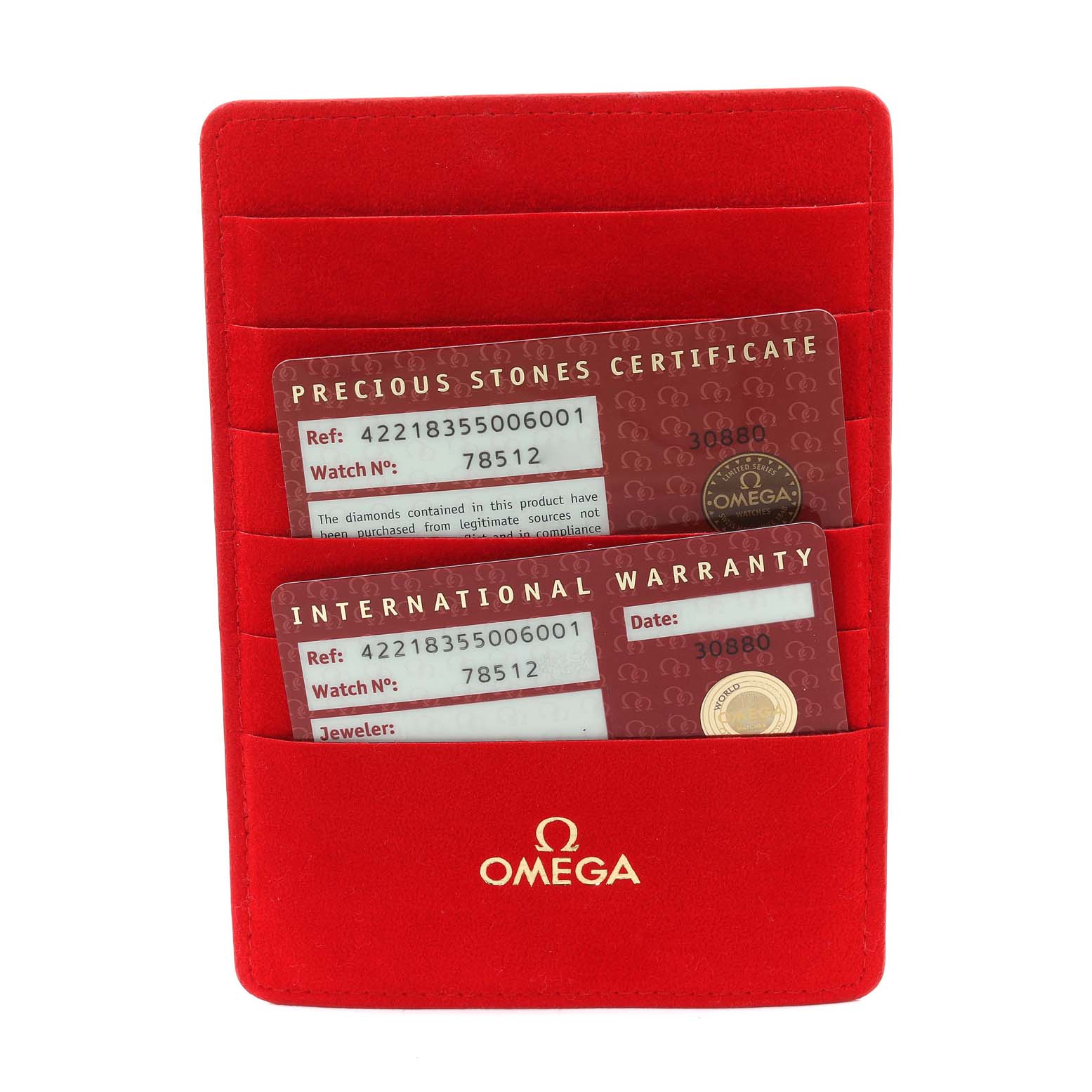 The image shows a red Omega 422.18.35.50.06.001 Women's Stainless Steel Mother of Pearl Dial 422.18.35.50.06.001 Women's Stainless Steel Mother of Pearl Dial cardholder with a Precious Stones Certificate and an International Warranty card for the De Ville model watch.