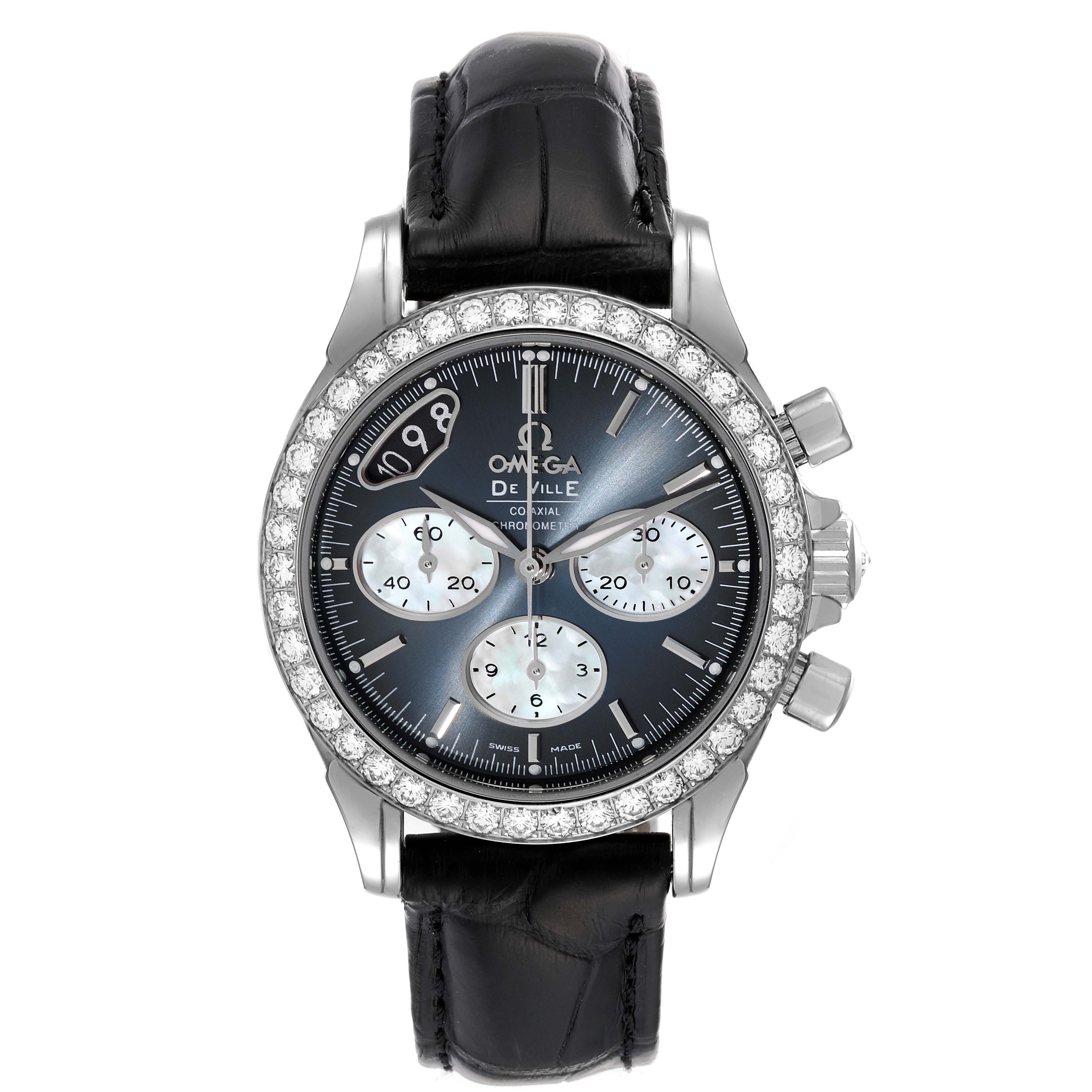 The image shows a front view of the Omega 422.18.35.50.06.001 Women's Stainless Steel Mother of Pearl Dial 422.18.35.50.06.001 Women's Stainless Steel Mother of Pearl Dial De Ville watch, highlighting its black strap, diamond-encrusted bezel, and chronograph sub-dials.