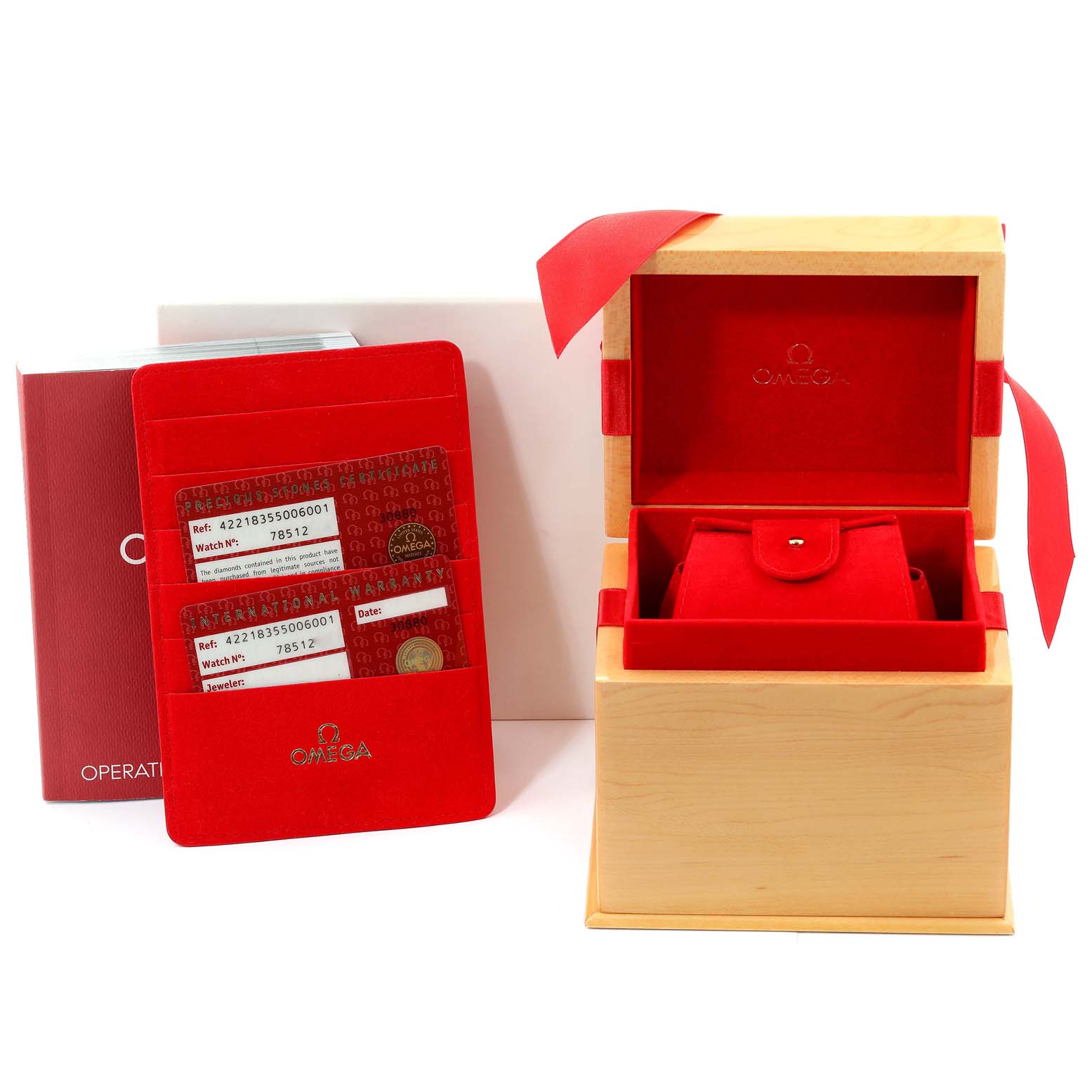 The image shows the Omega 422.18.35.50.06.001 Women's Stainless Steel Mother of Pearl Dial 422.18.35.50.06.001 Women's Stainless Steel Mother of Pearl Dial De Ville watch packaging, warranty cards, a red folder, and the wooden and red-lined watch box.