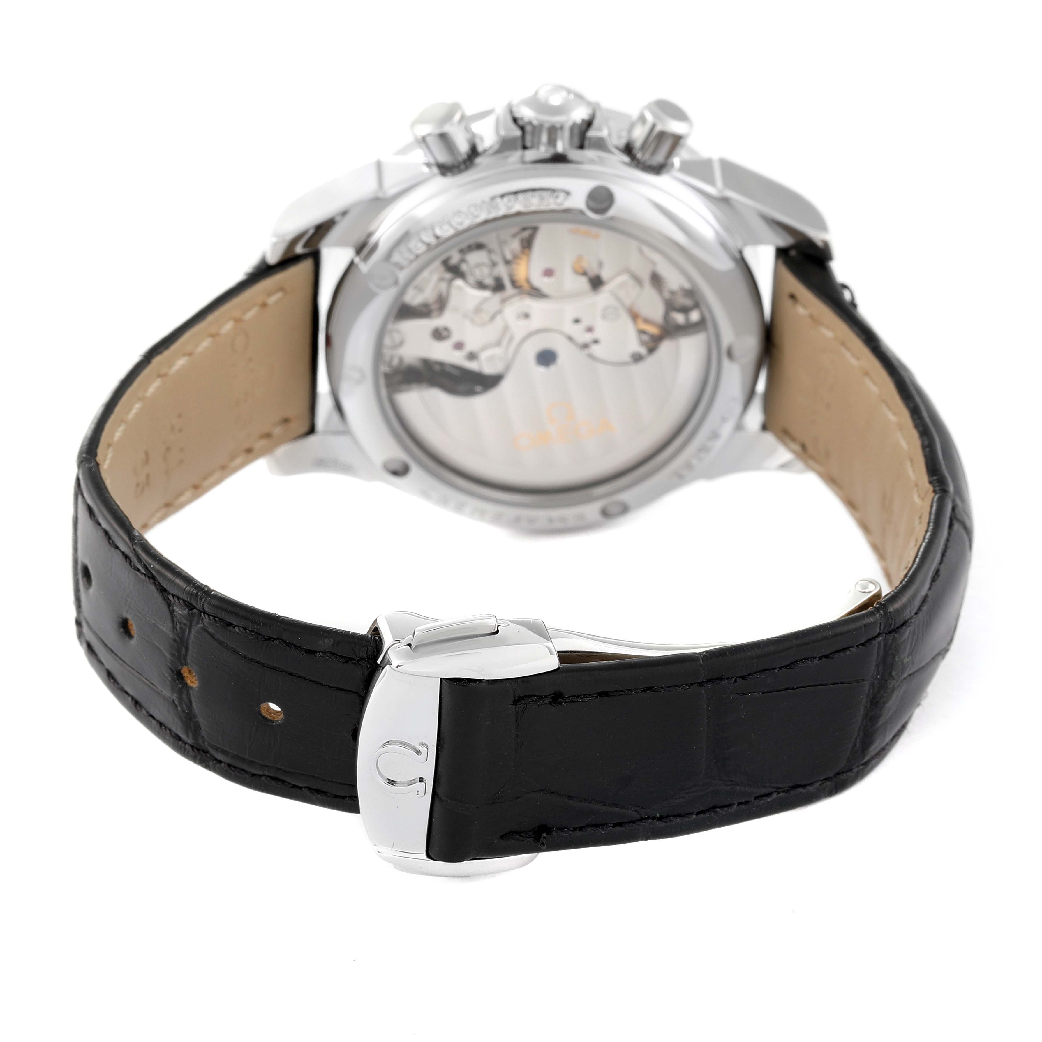 The image shows the back view of the Omega 422.18.35.50.06.001 Women's Stainless Steel Mother of Pearl Dial 422.18.35.50.06.001 Women's Stainless Steel Mother of Pearl Dial De Ville watch, highlighting the movement and leather strap.