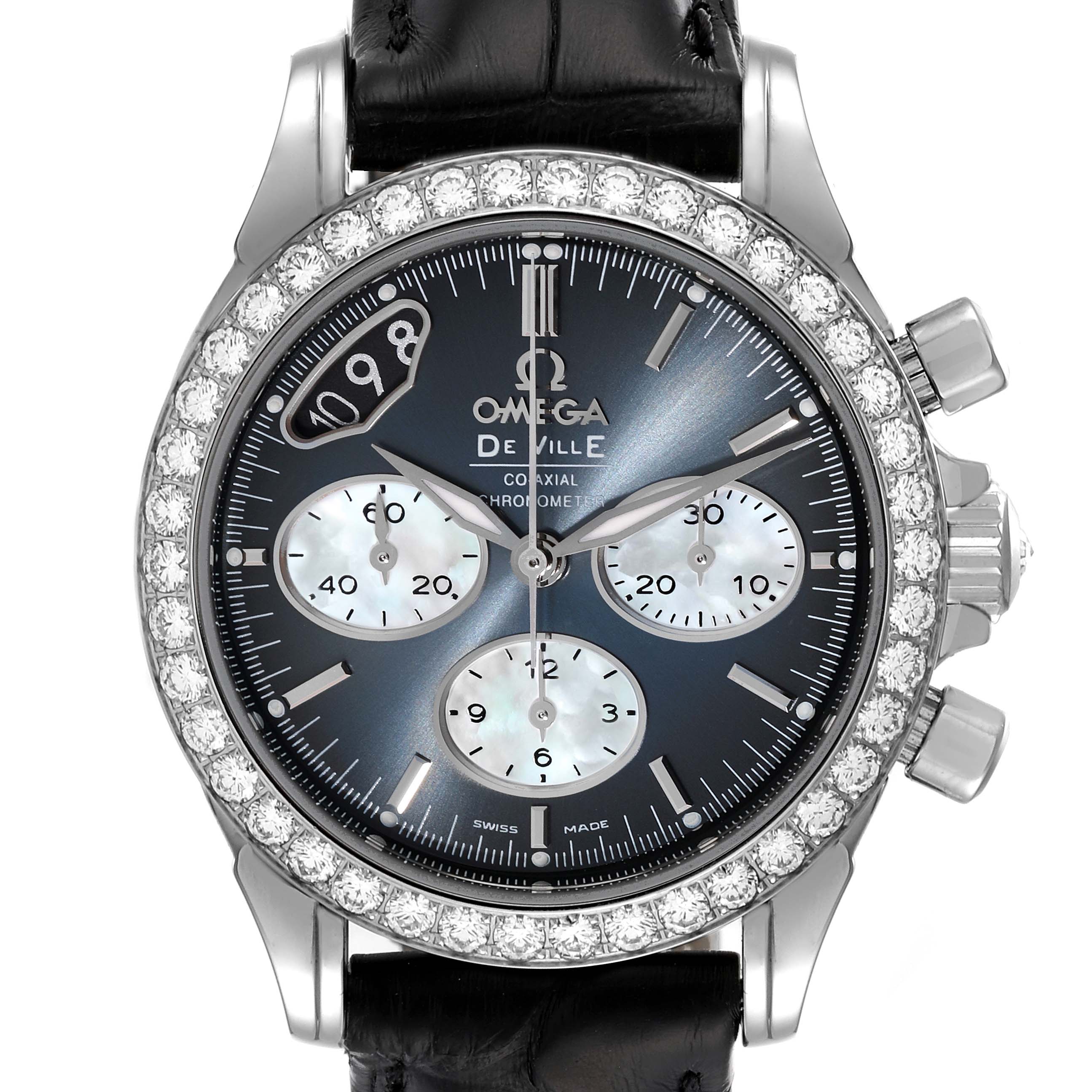 The image shows a frontal view of the Omega 422.18.35.50.06.001 Women's Stainless Steel Mother of Pearl Dial 422.18.35.50.06.001 Women's Stainless Steel Mother of Pearl Dial DeVille Co-Axial Steel Diamond Ladies Watch model 422.18.35.50.06.001.