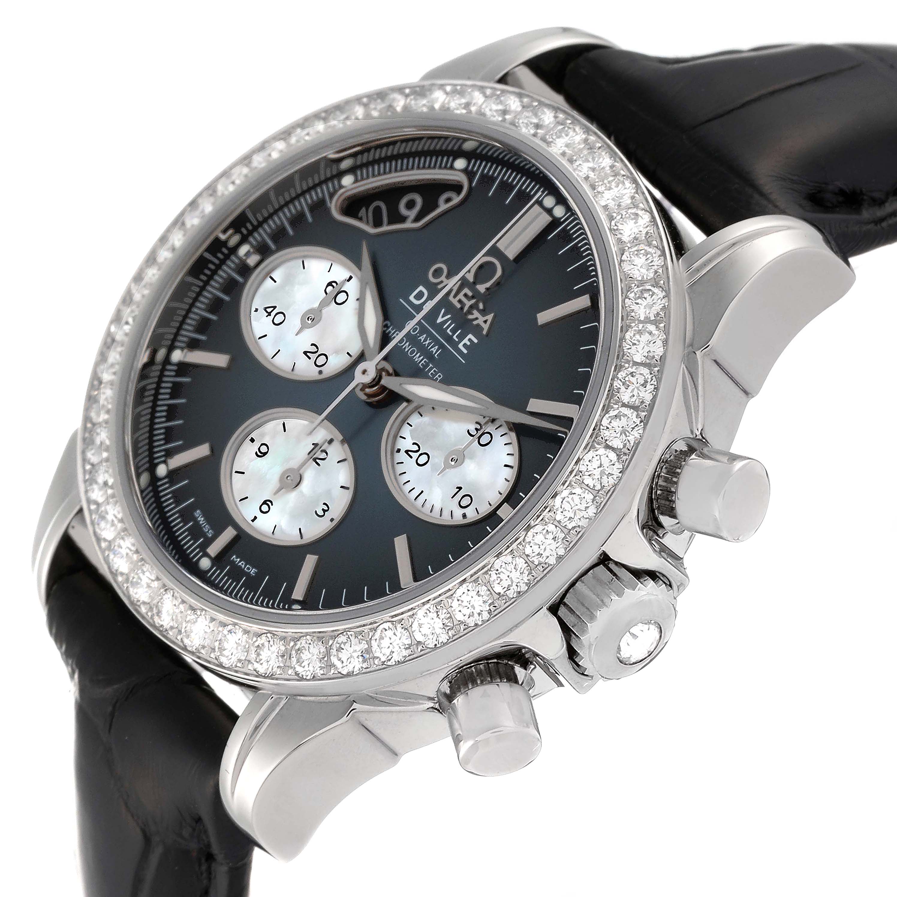 The Omega 422.18.35.50.06.001 Women's Stainless Steel Mother of Pearl Dial 422.18.35.50.06.001 Women's Stainless Steel Mother of Pearl Dial De Ville watch is shown at an angle displaying the face, bezel with diamonds, pushers, and part of the strap.