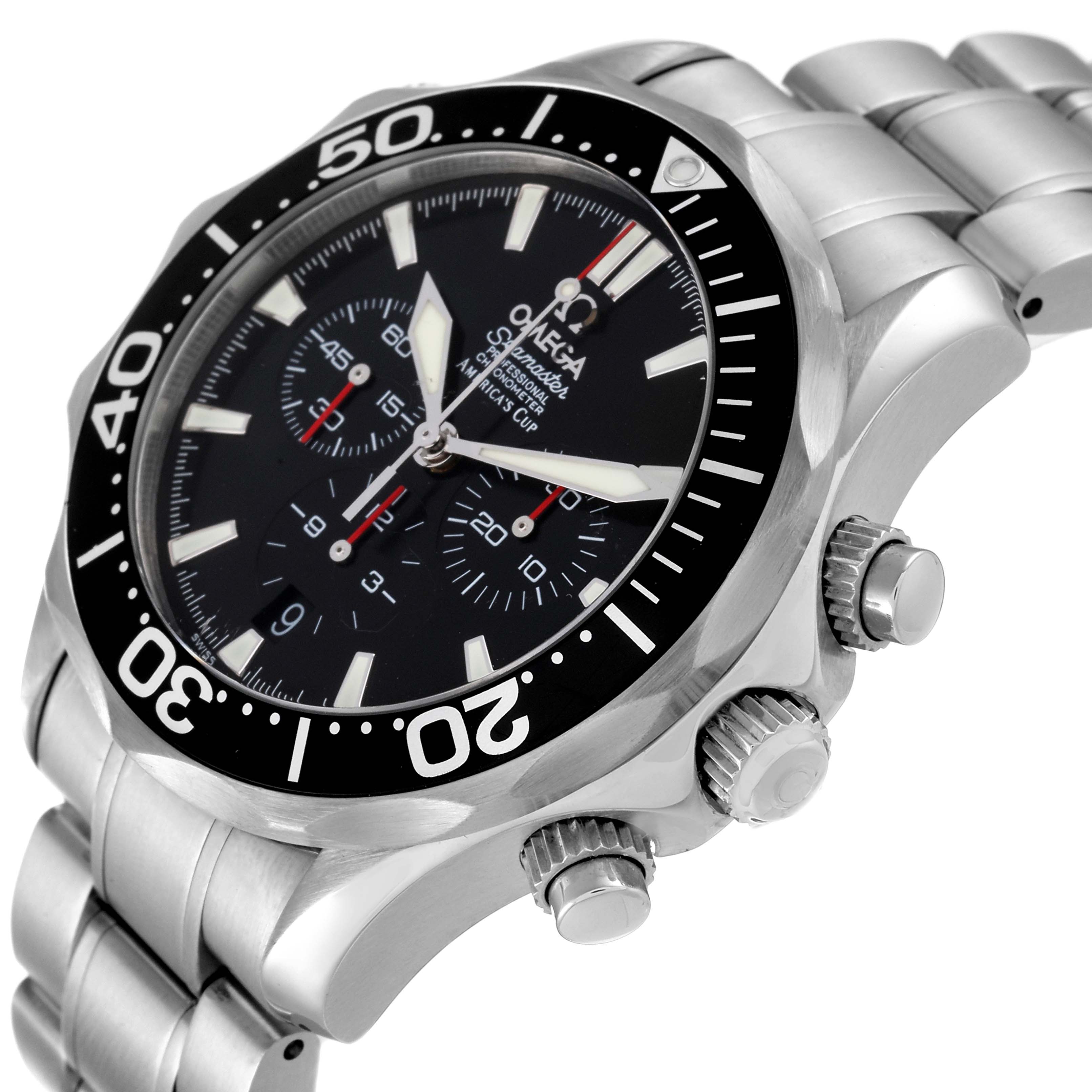 This image shows an Omega Seamaster 2594.50.00 Men's Stainless Steel Black Dial 2594.50.00 Men's Stainless Steel Black Dial watch from a three-quarter angle, highlighting the bezel, dial, crown, and pushers.