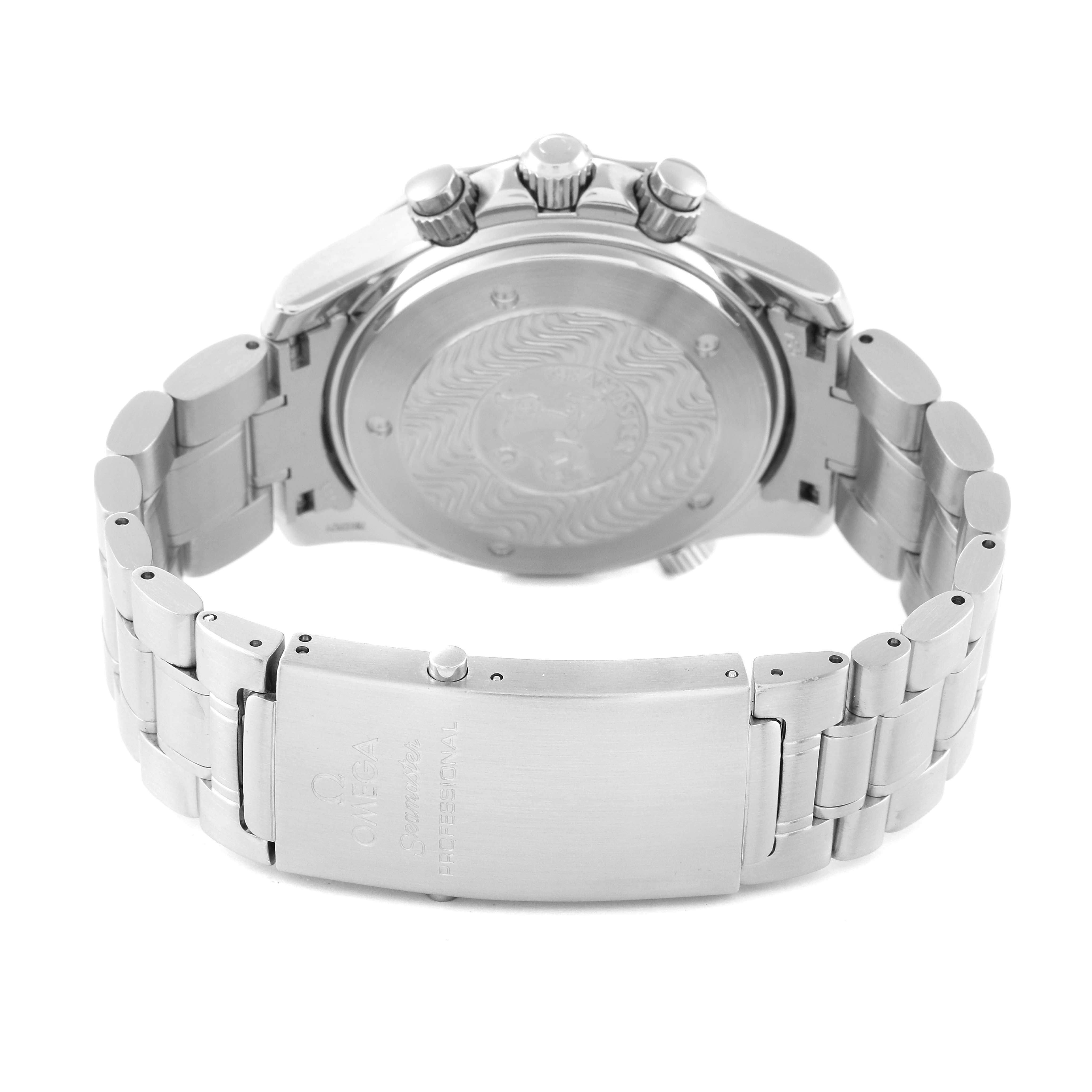 The image displays the back case, bracelet, and clasp of an Omega Seamaster 2594.50.00 Men's Stainless Steel Black Dial 2594.50.00 Men's Stainless Steel Black Dial watch.