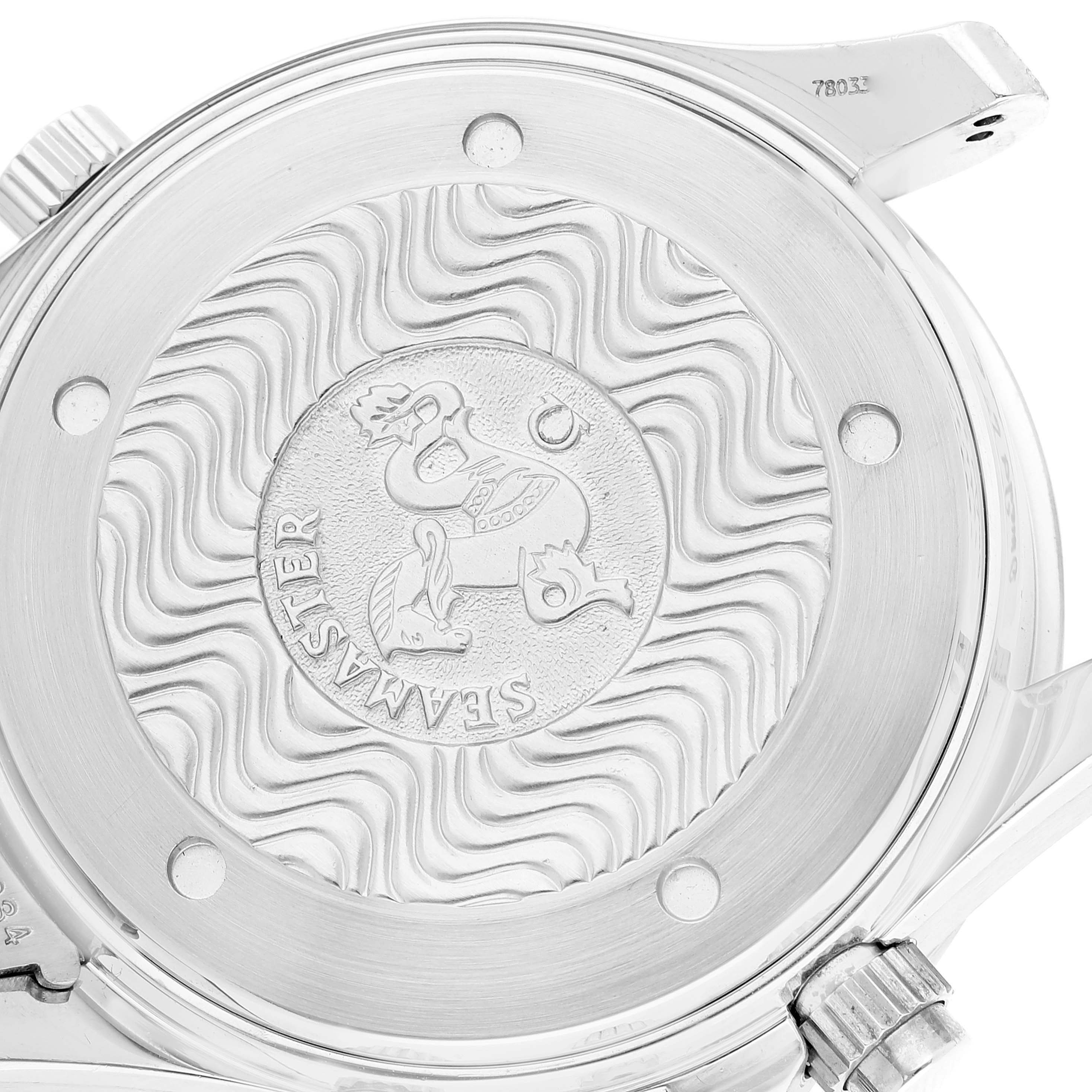 The image shows the back case of an Omega Seamaster 2594.50.00 Men's Stainless Steel Black Dial 2594.50.00 Men's Stainless Steel Black Dial watch featuring the iconic seahorse engraving.