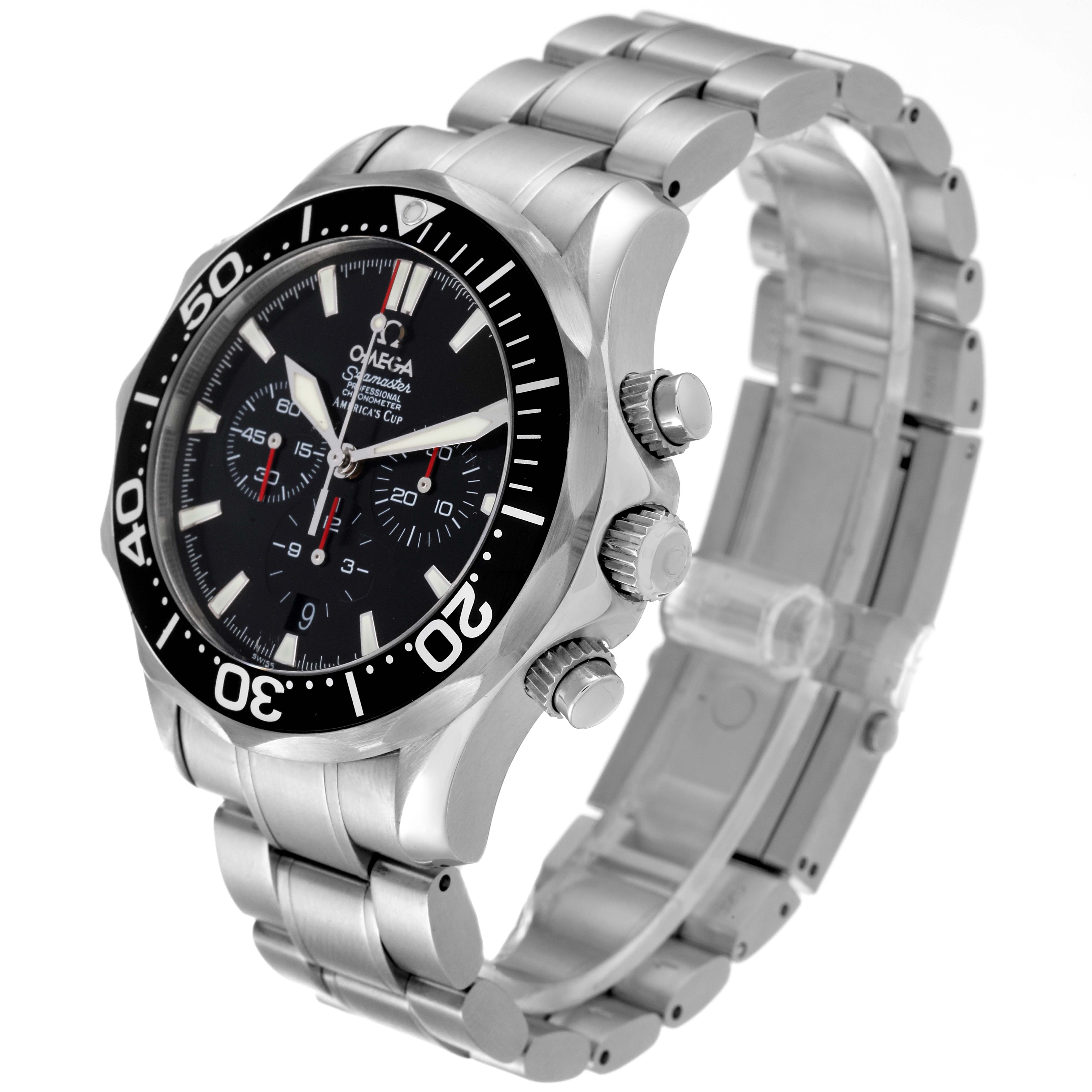 The Omega Seamaster 2594.50.00 Men's Stainless Steel Black Dial 2594.50.00 Men's Stainless Steel Black Dial watch is shown at an angle highlighting the face, bezel, crown, pushers, and bracelet.