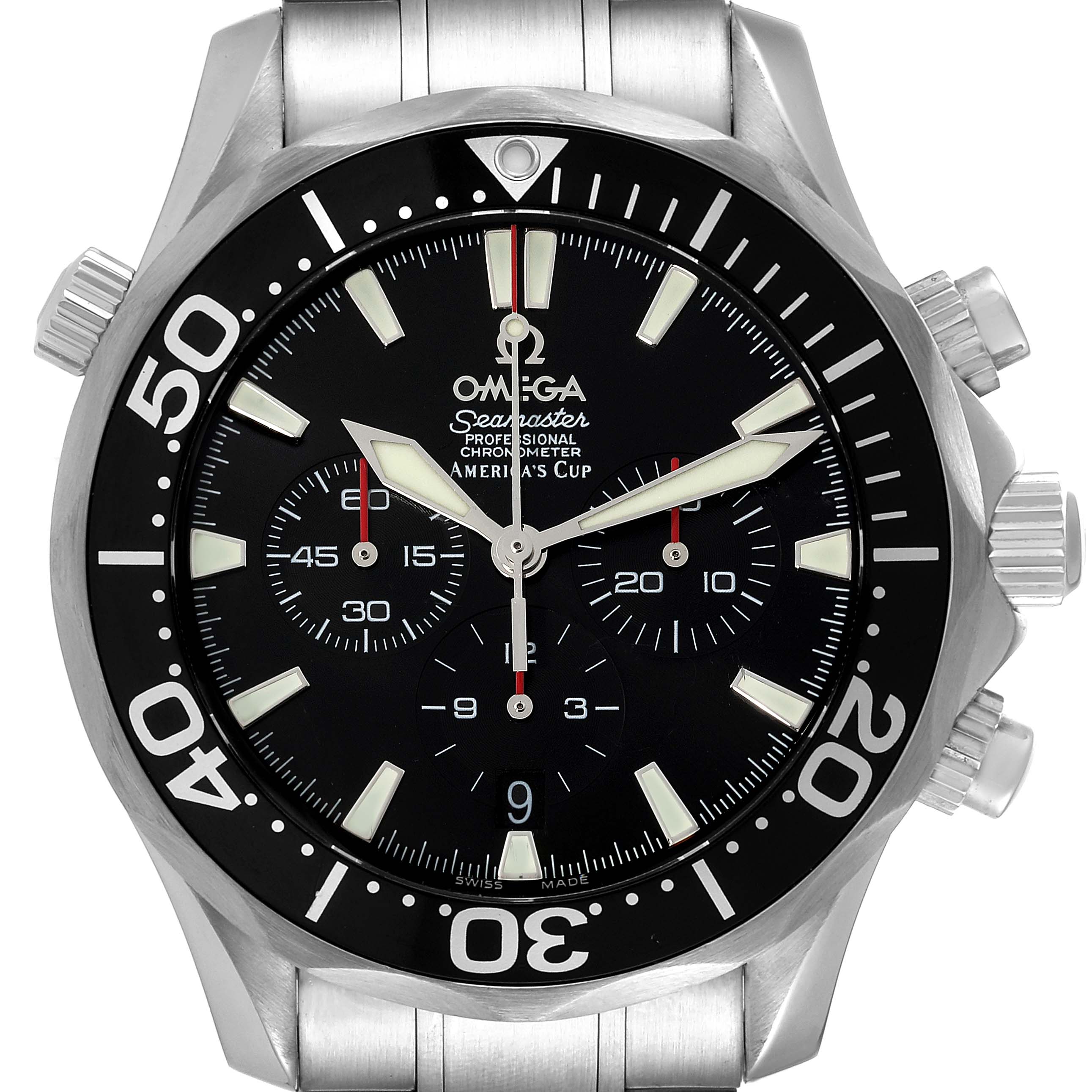 The image shows a frontal view of the Omega Seamaster 2594.50.00 Men's Stainless Steel Black Dial 2594.50.00 Men's Stainless Steel Black Dial watch, featuring its bezel, dial, and chronograph sub-dials.