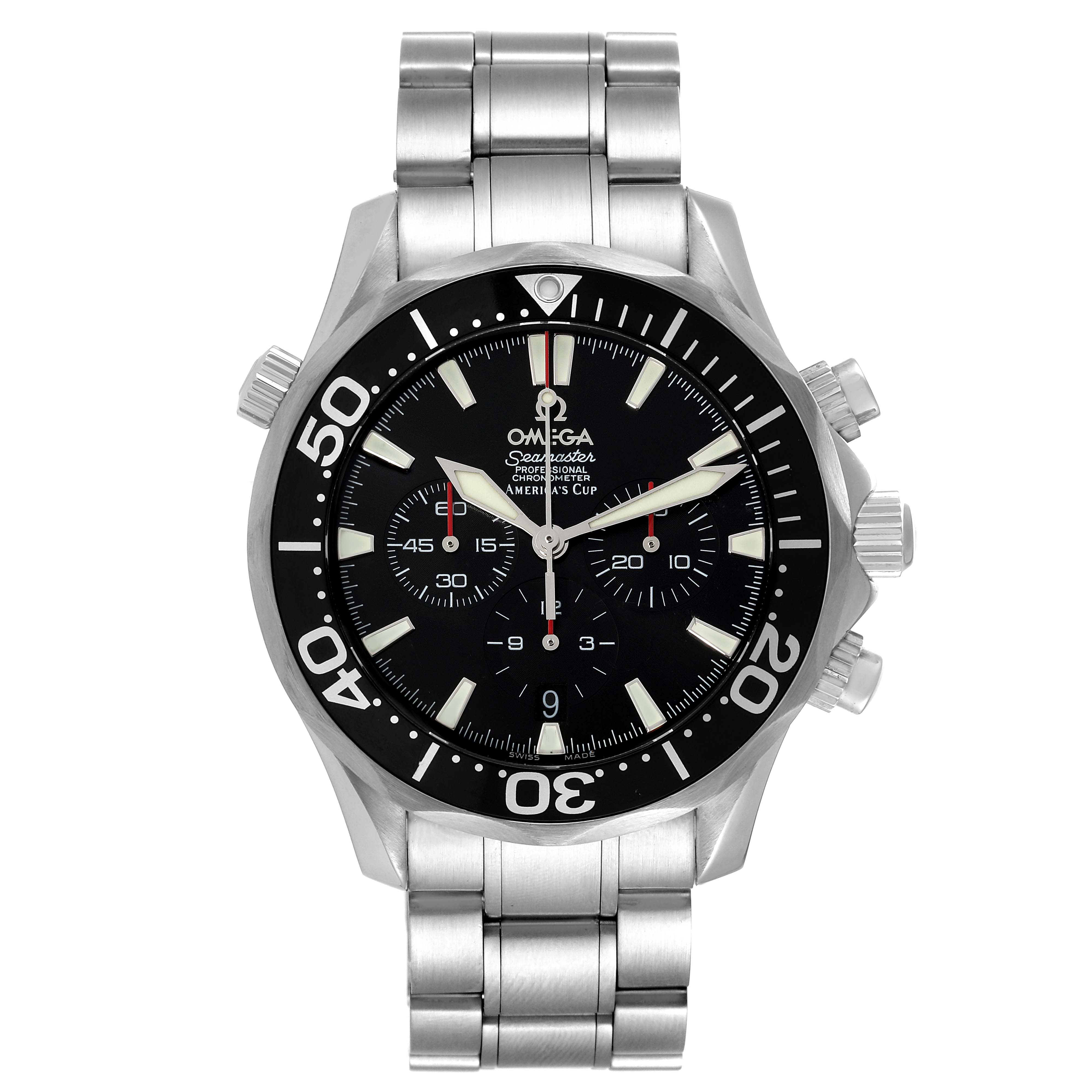 The image shows a front view of an Omega Seamaster 2594.50.00 Men's Stainless Steel Black Dial 2594.50.00 Men's Stainless Steel Black Dial watch, highlighting its face, bezel, and stainless steel bracelet.