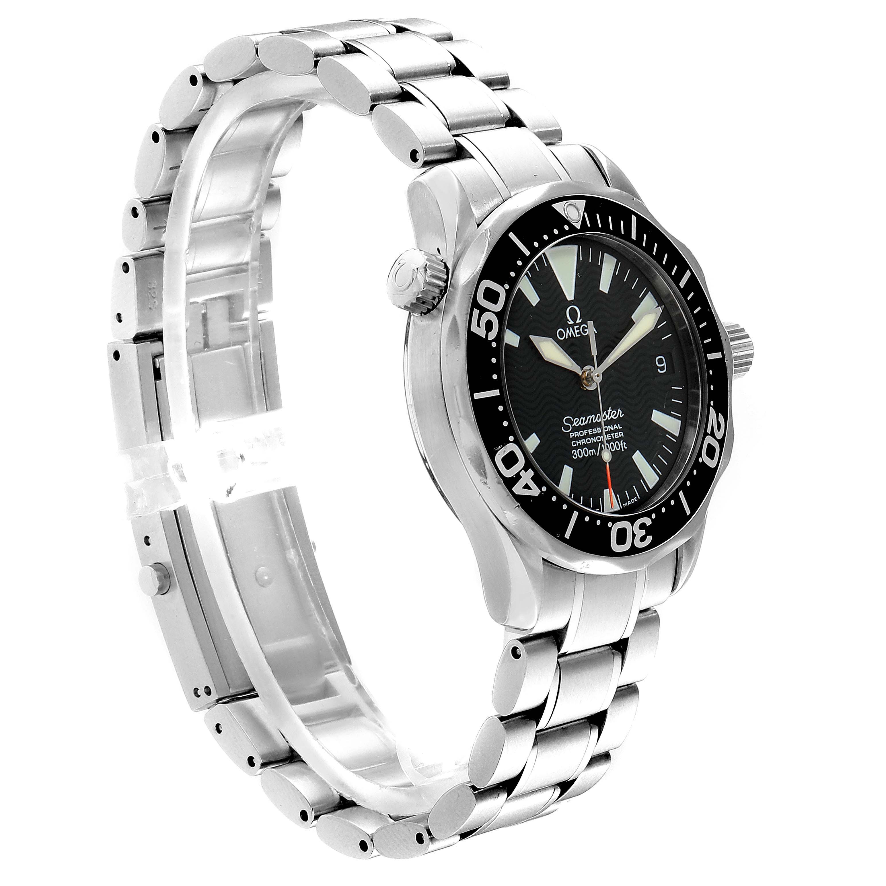 The Omega 2252.50.00  Men
s Stainless Steel Black Dial 2252.50.00  Men
s Stainless Steel Black Dial Seamaster 36mm Midsize Black Wave Dial Steel Watch 2252.50.00 is shown at an oblique angle focusing on the face and band.