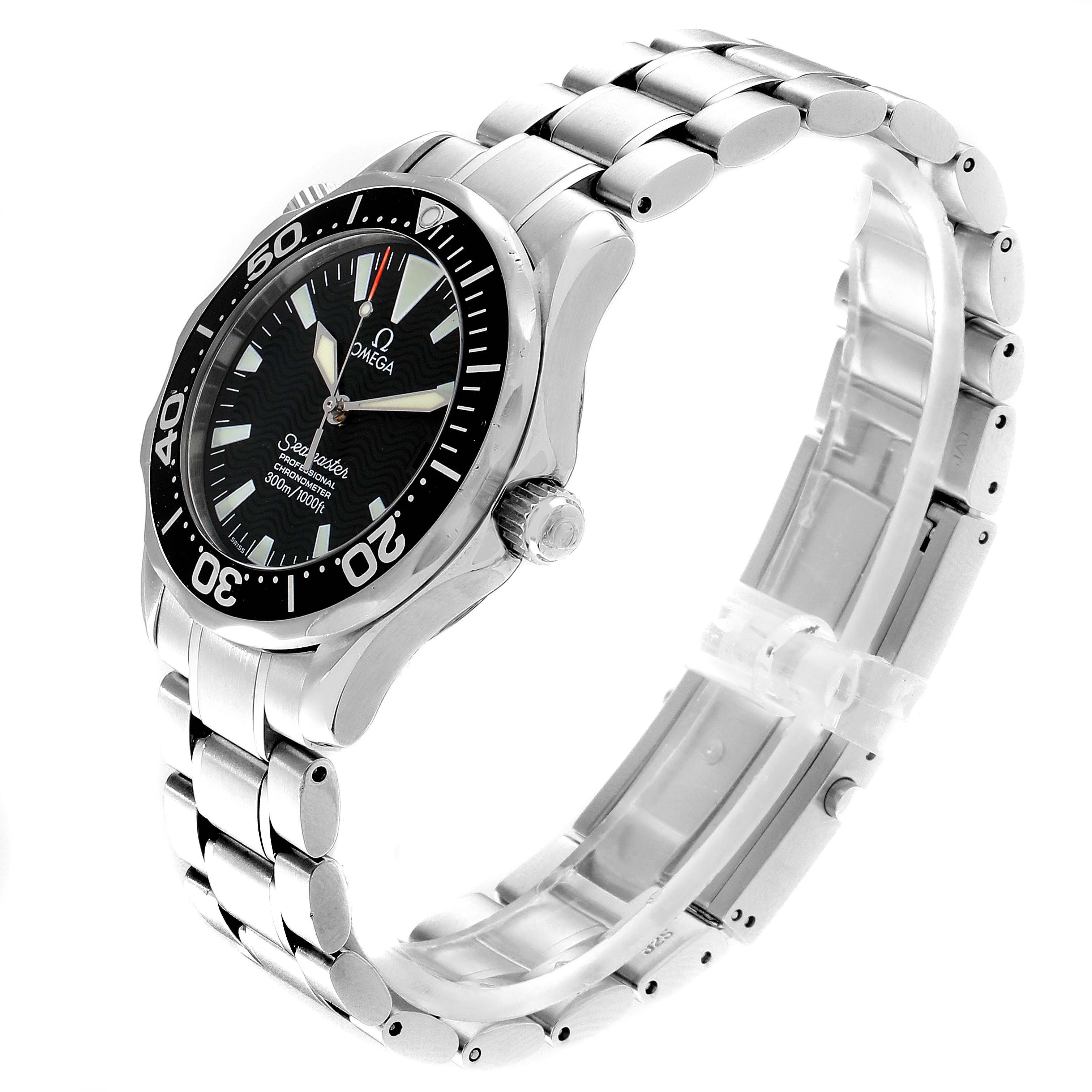 The Omega 2252.50.00  Men
s Stainless Steel Black Dial 2252.50.00  Men
s Stainless Steel Black Dial Seamaster 36mm Midsize Black Wave Dial Steel Watch 2252.50.00 is shown at an angled side view highlighting the dial and bracelet.