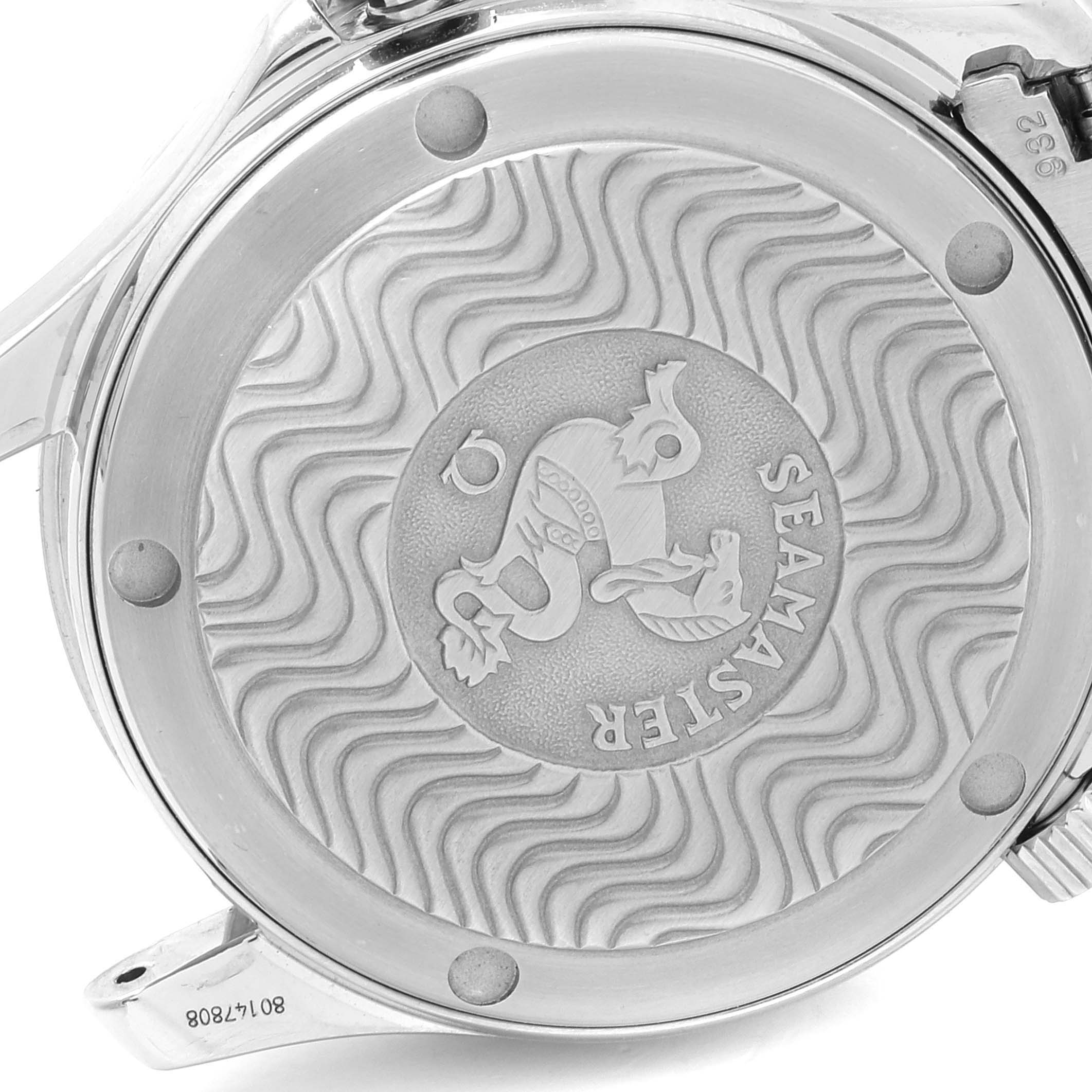 The image shows the case back of the Omega 2252.50.00  Men
s Stainless Steel Black Dial 2252.50.00  Men
s Stainless Steel Black Dial Seamaster 36mm Midsize Black Wave Dial Steel Watch 2252.50.00.