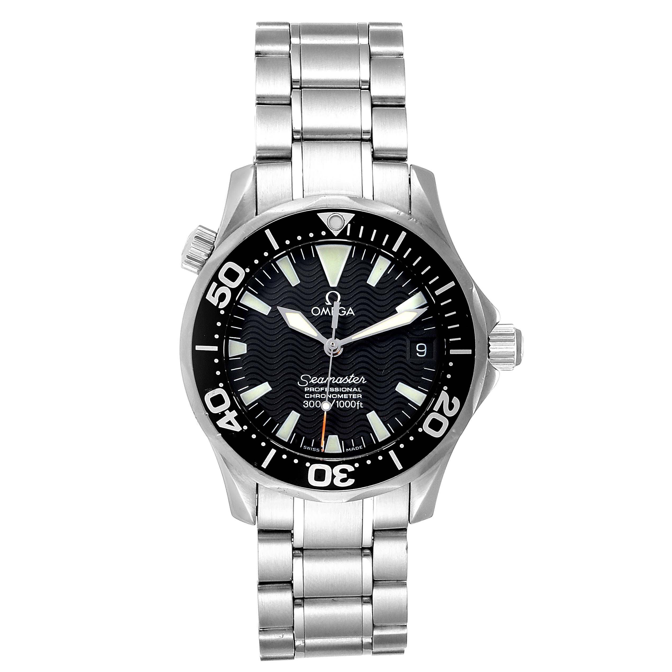 The image shows a front view of the Omega 2252.50.00  Men
s Stainless Steel Black Dial 2252.50.00  Men
s Stainless Steel Black Dial Seamaster 36mm Midsize Black Wave Dial Steel Watch model 2252.50.00.